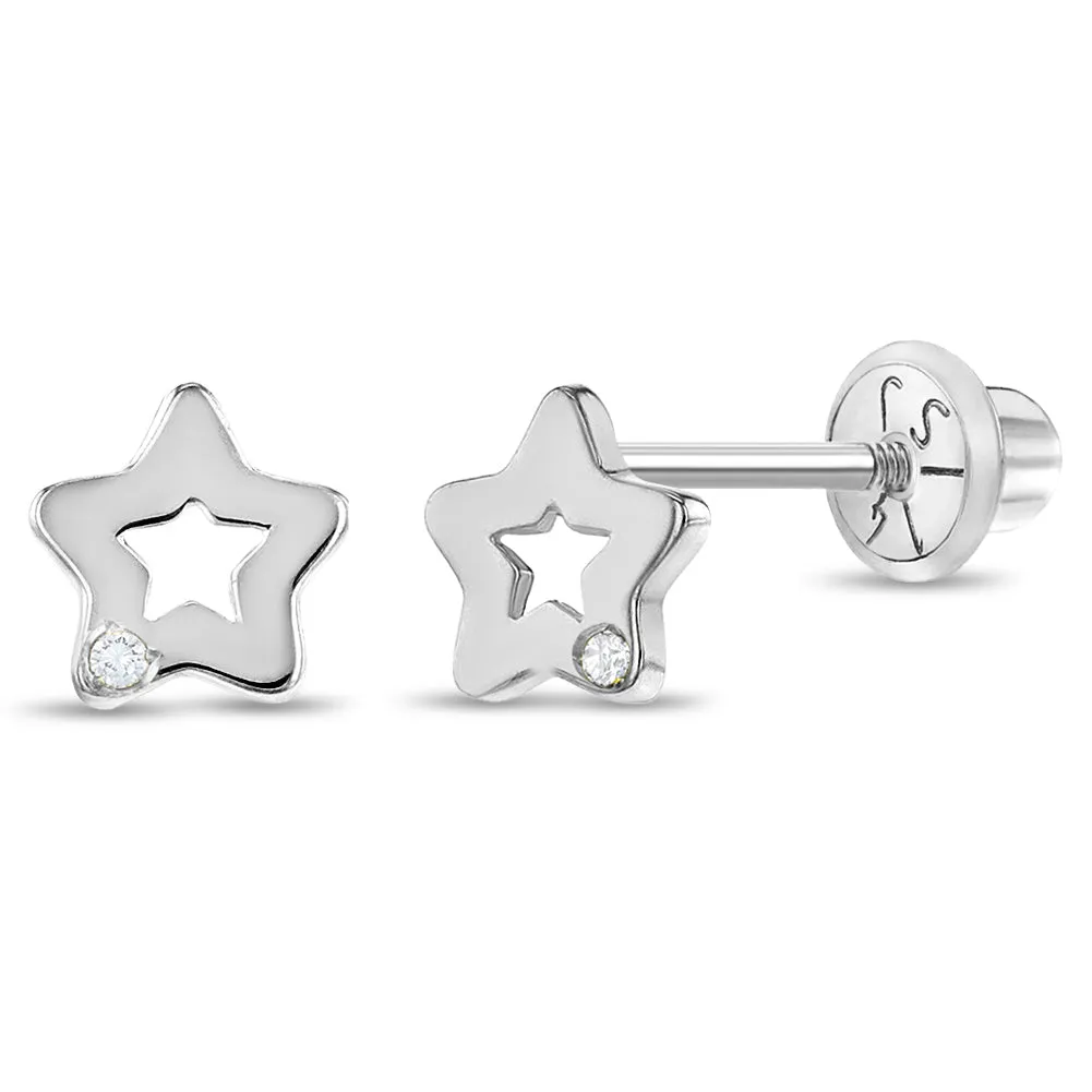 14k White Gold Genuine Diamond Star Baby / Toddler / Kids Earrings Safety Screw Back