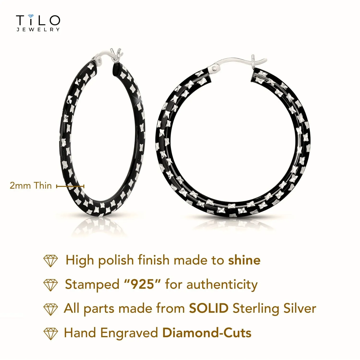 925 Sterling Silver Diamond-Cut Black Hoop Earrings