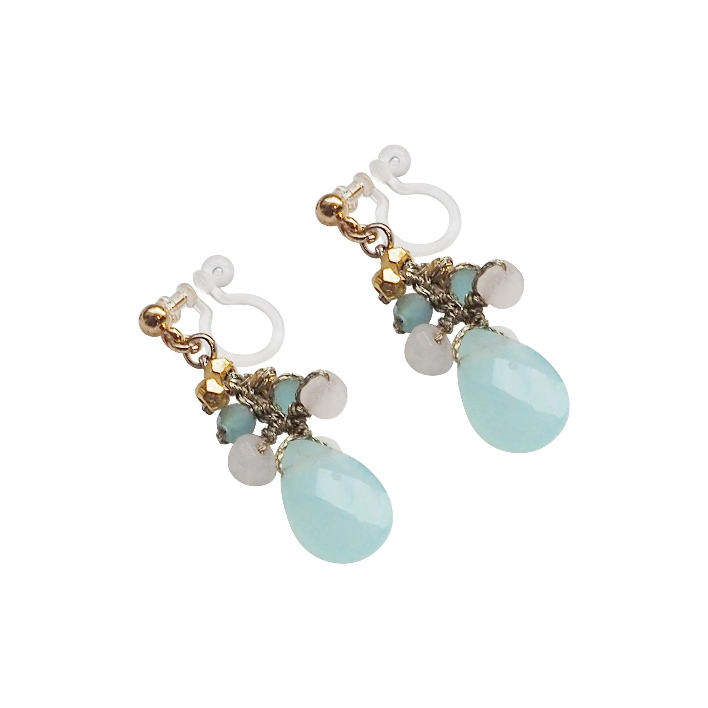 Aqua Blue Chalcedony Invisible Clip On Earrings
