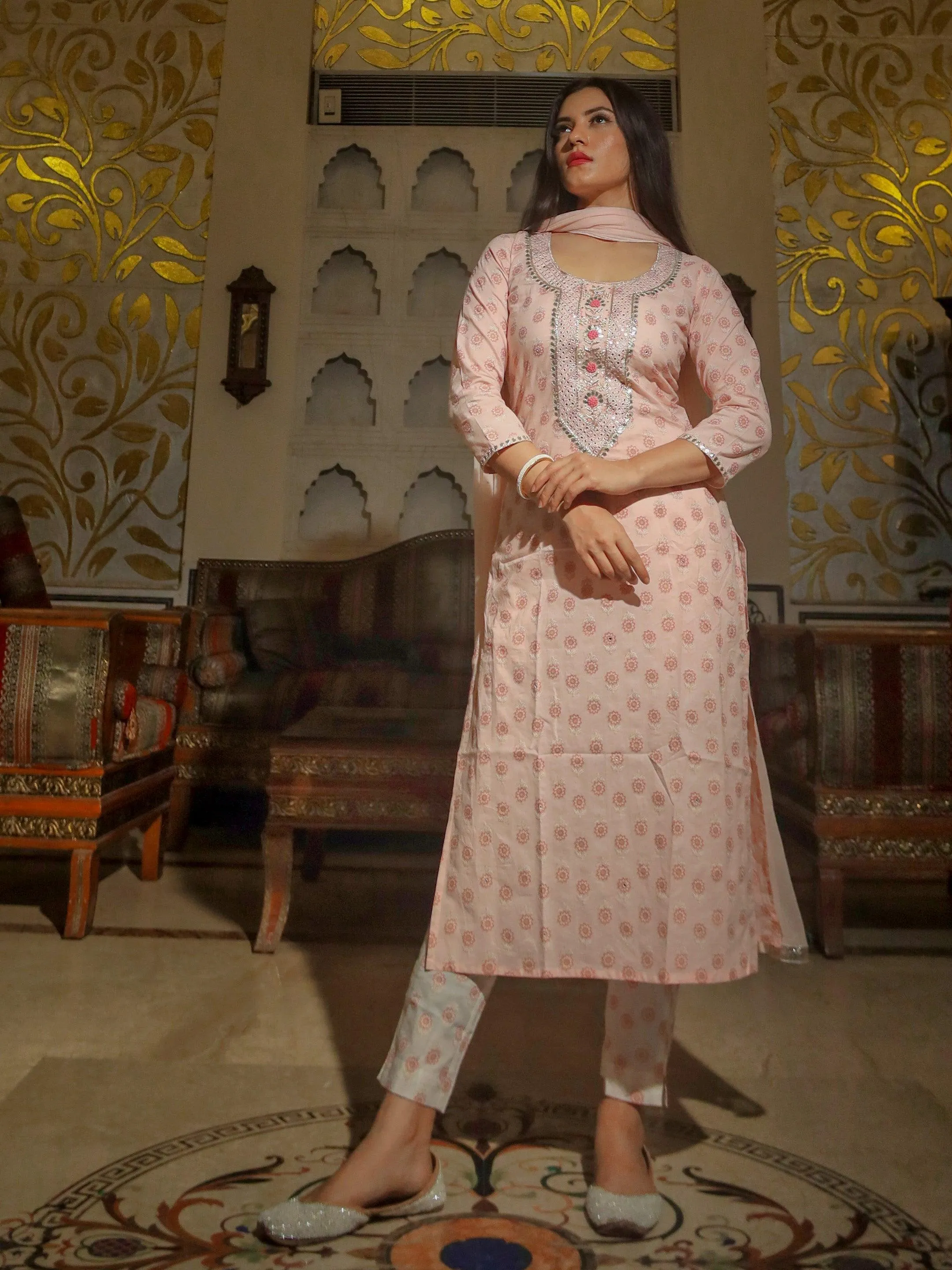 Baby Pink Cotton Kurta Pant Set with Chiffon Dupatta