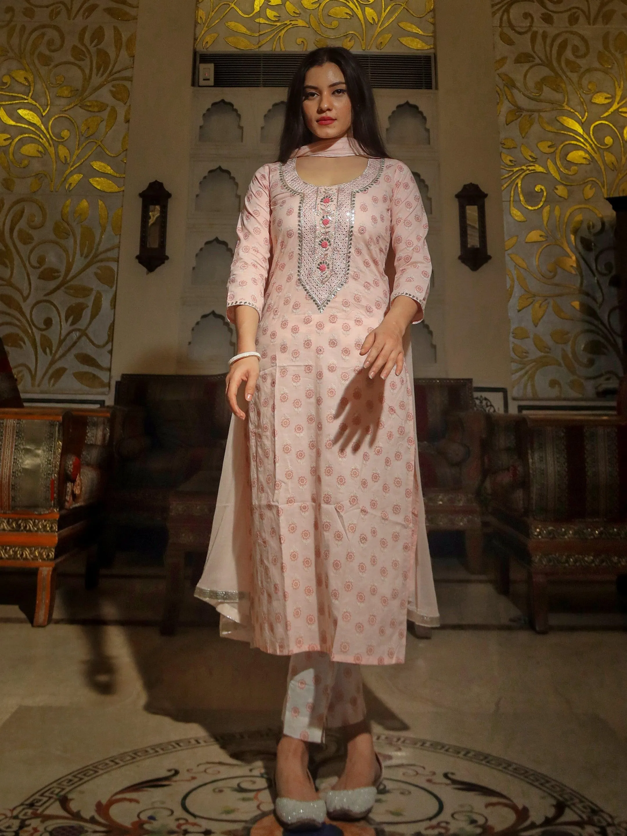 Baby Pink Cotton Kurta Pant Set with Chiffon Dupatta