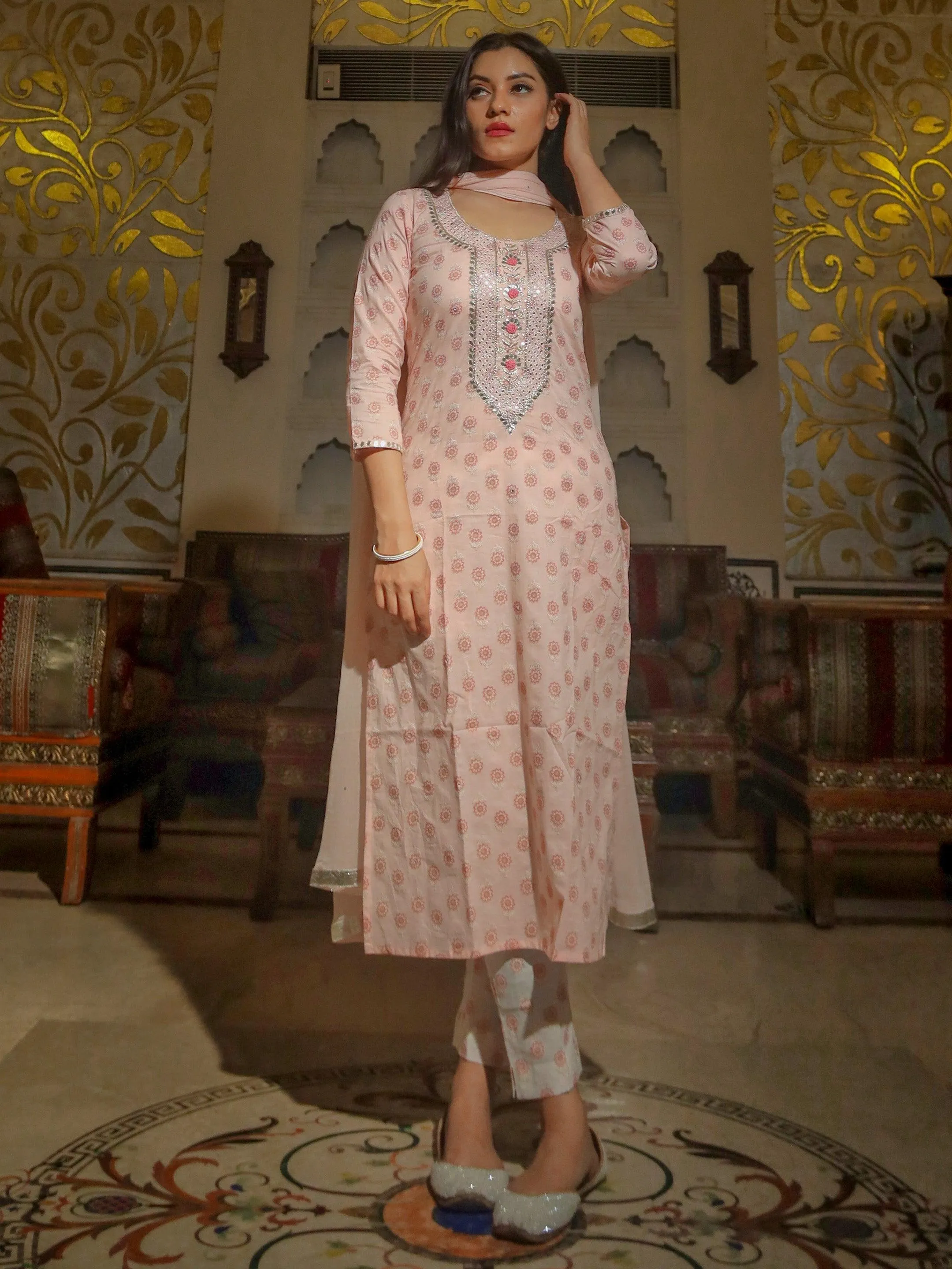 Baby Pink Cotton Kurta Pant Set with Chiffon Dupatta