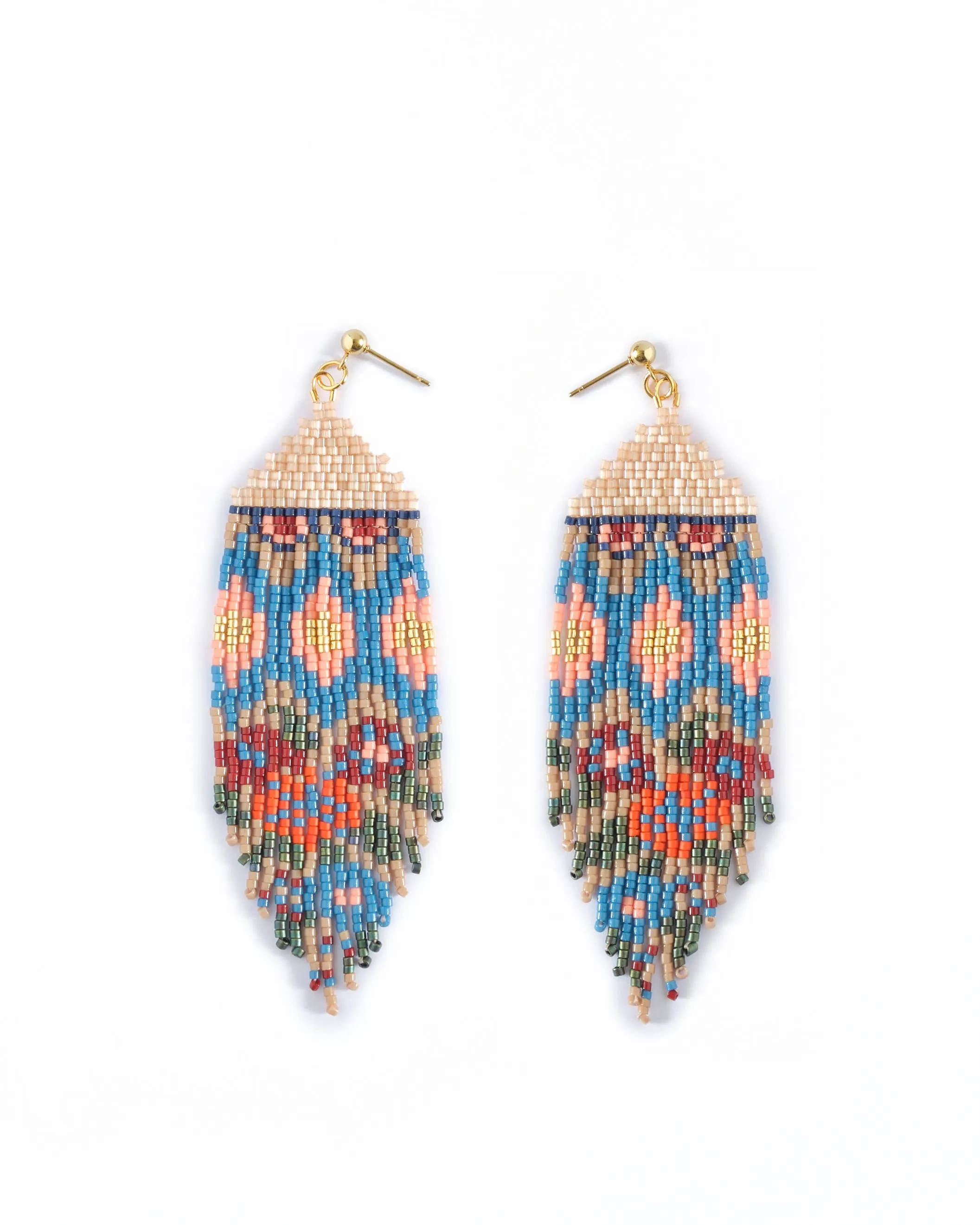 Beaded Huipil Fringe Earrings - Ocean Sunset