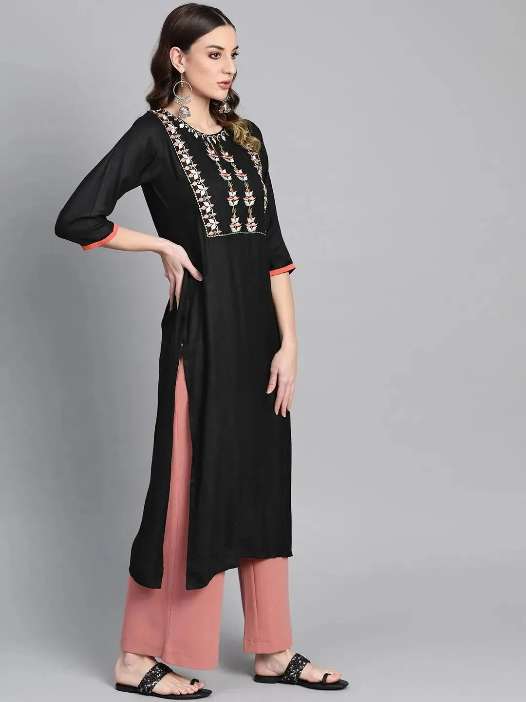 Black Printed Rayon Kurta