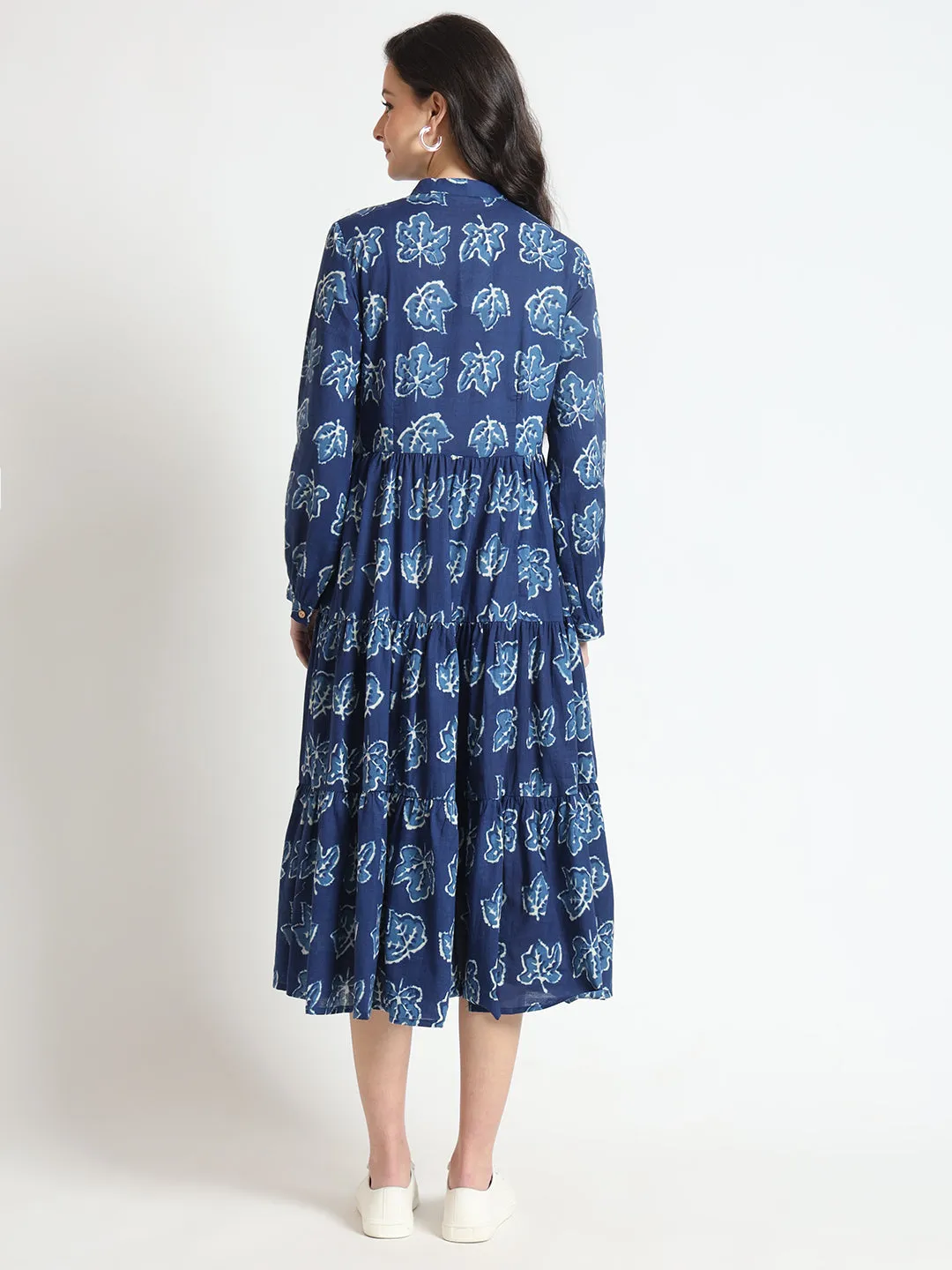 Divena Blue Floral Print Cotton Fabric Flared Dress