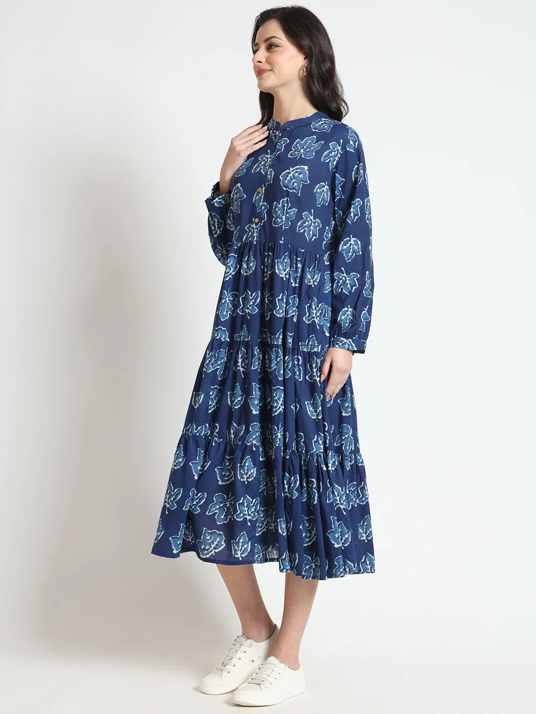 Divena Blue Floral Print Cotton Fabric Flared Dress