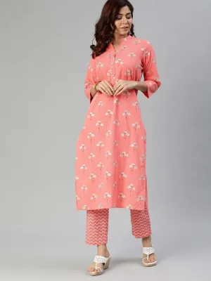 Divena Pink Flower Print Cotton Kurta Set