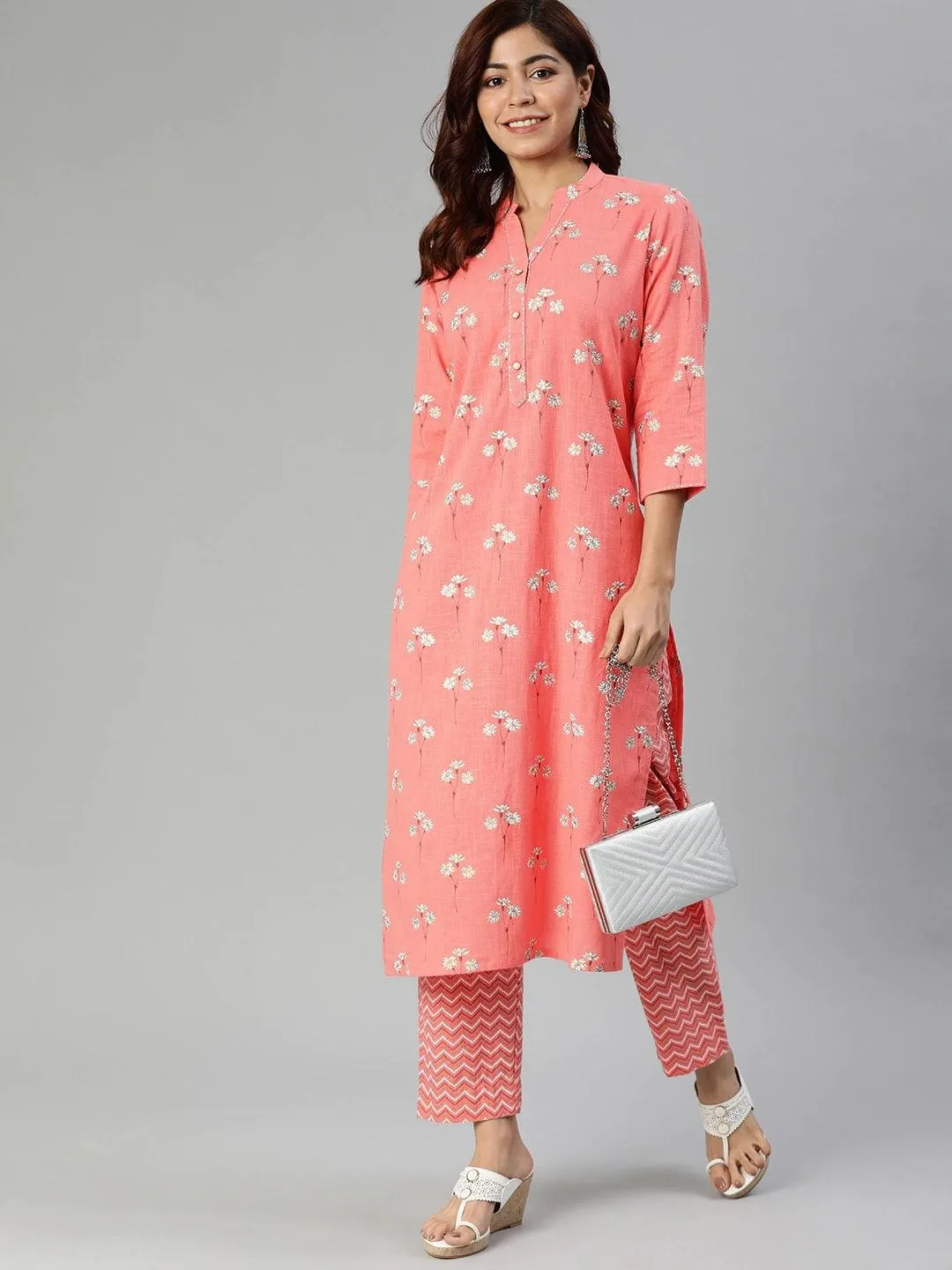 Divena Pink Flower Print Cotton Kurta Set
