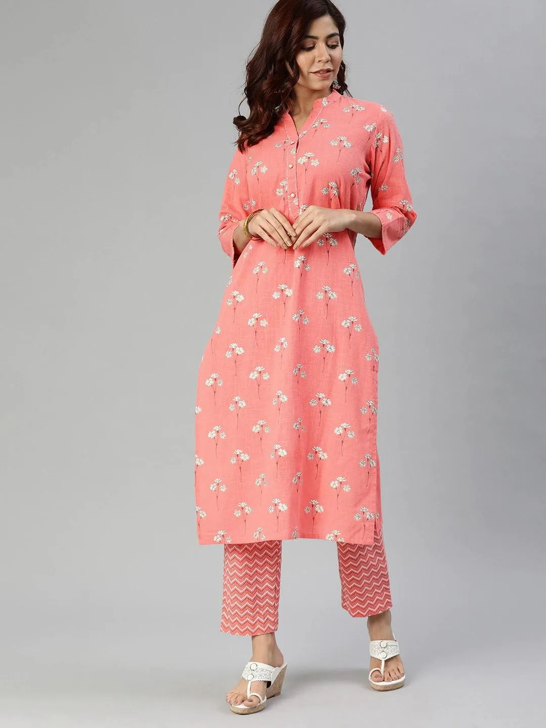 Divena Pink Flower Print Cotton Kurta Set