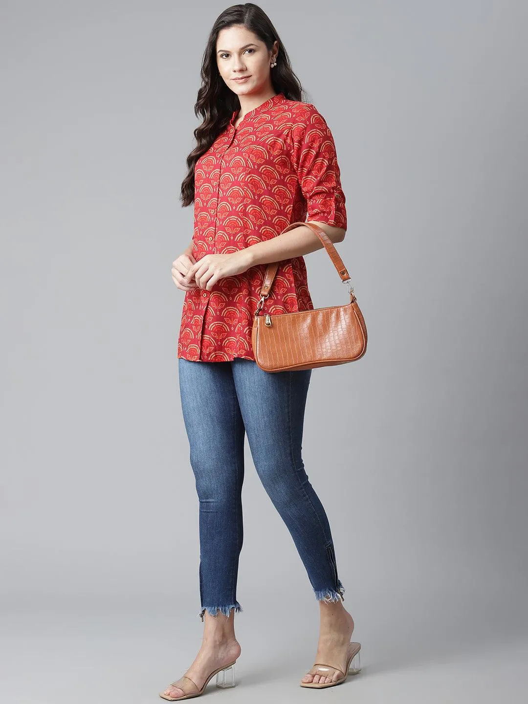 Divena Rayon Maroon Printed Shirt style A-line Top