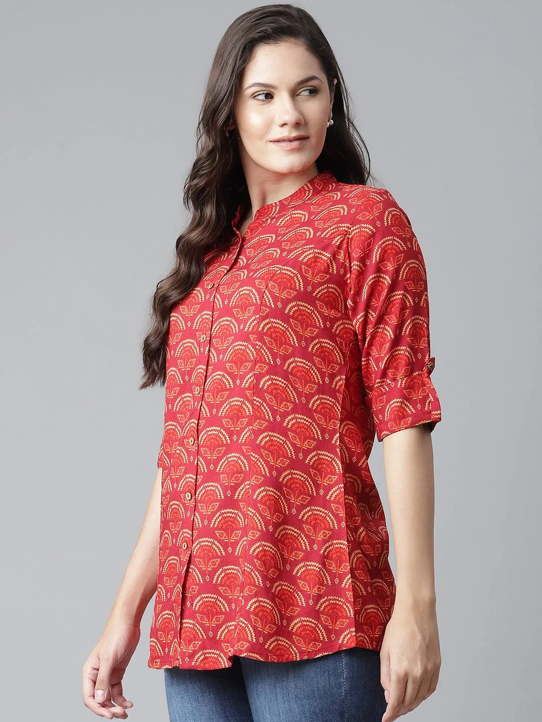 Divena Rayon Maroon Printed Shirt style A-line Top