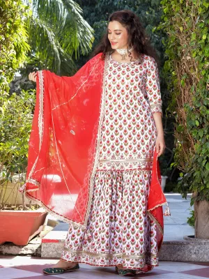 Divena Red & White Cotton Dabu Printed Kurta Sharara Set with Kota Doria Dupatta