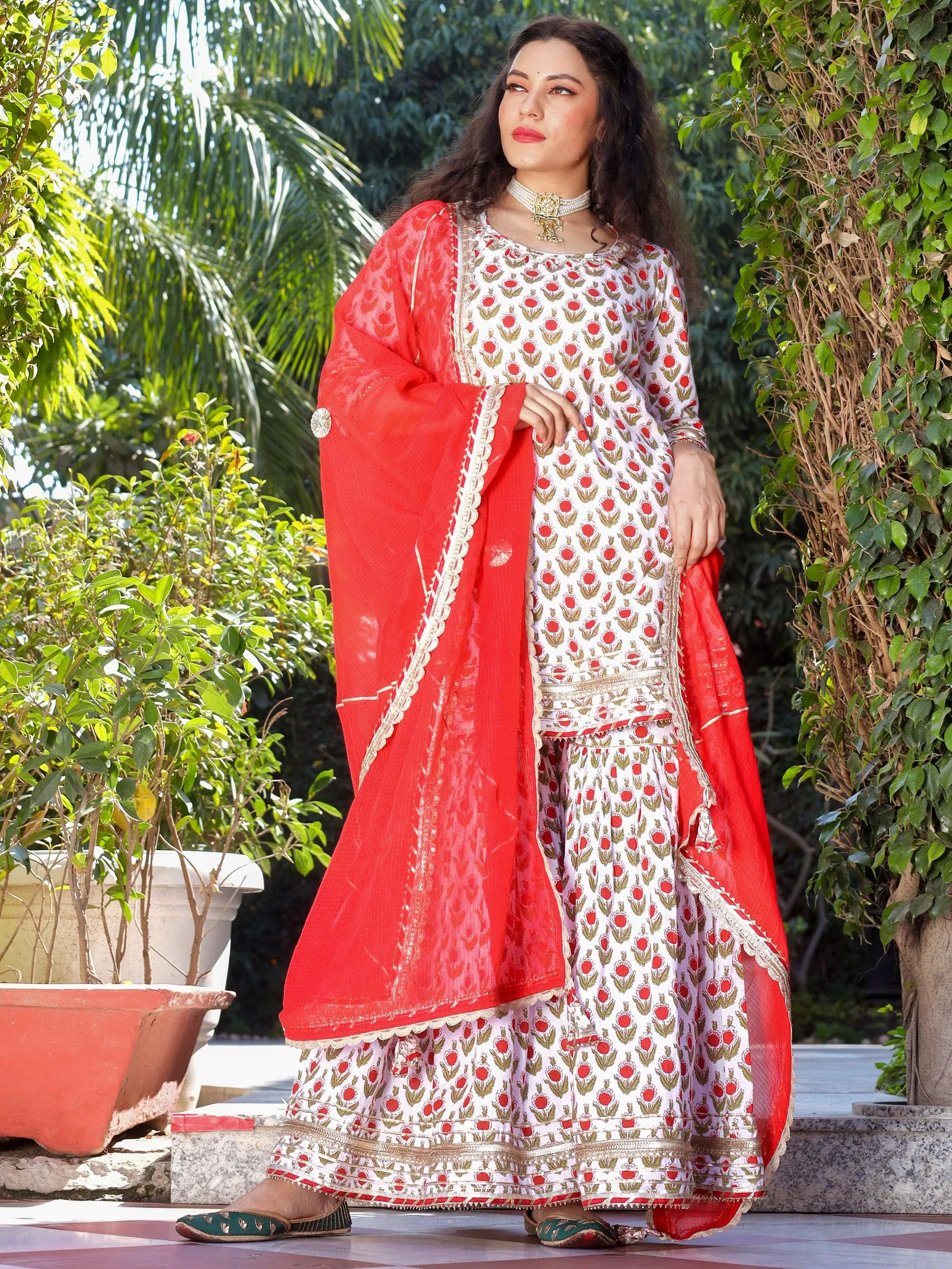 Divena Red & White Cotton Dabu Printed Kurta Sharara Set with Kota Doria Dupatta