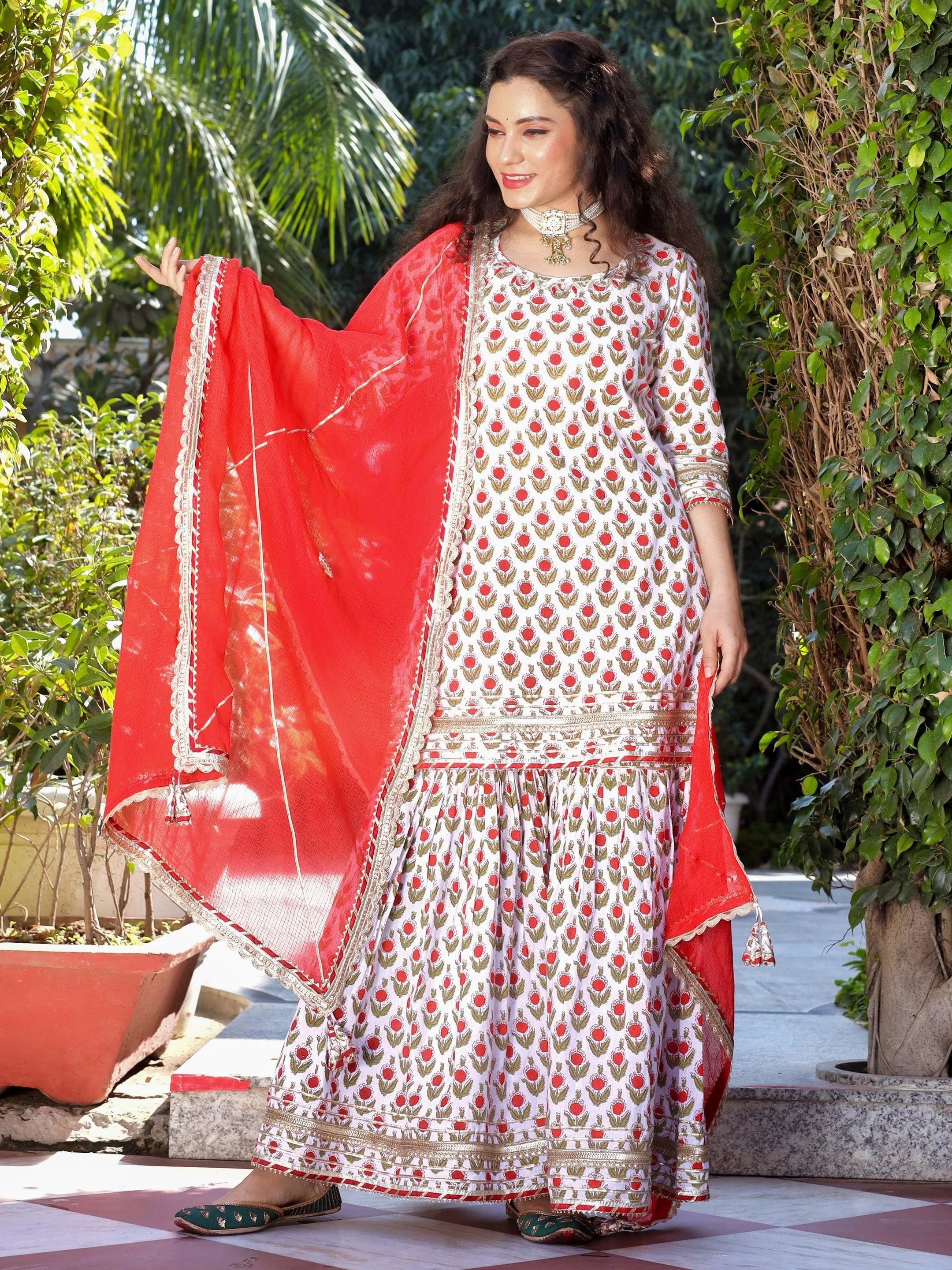 Divena Red & White Cotton Dabu Printed Kurta Sharara Set with Kota Doria Dupatta