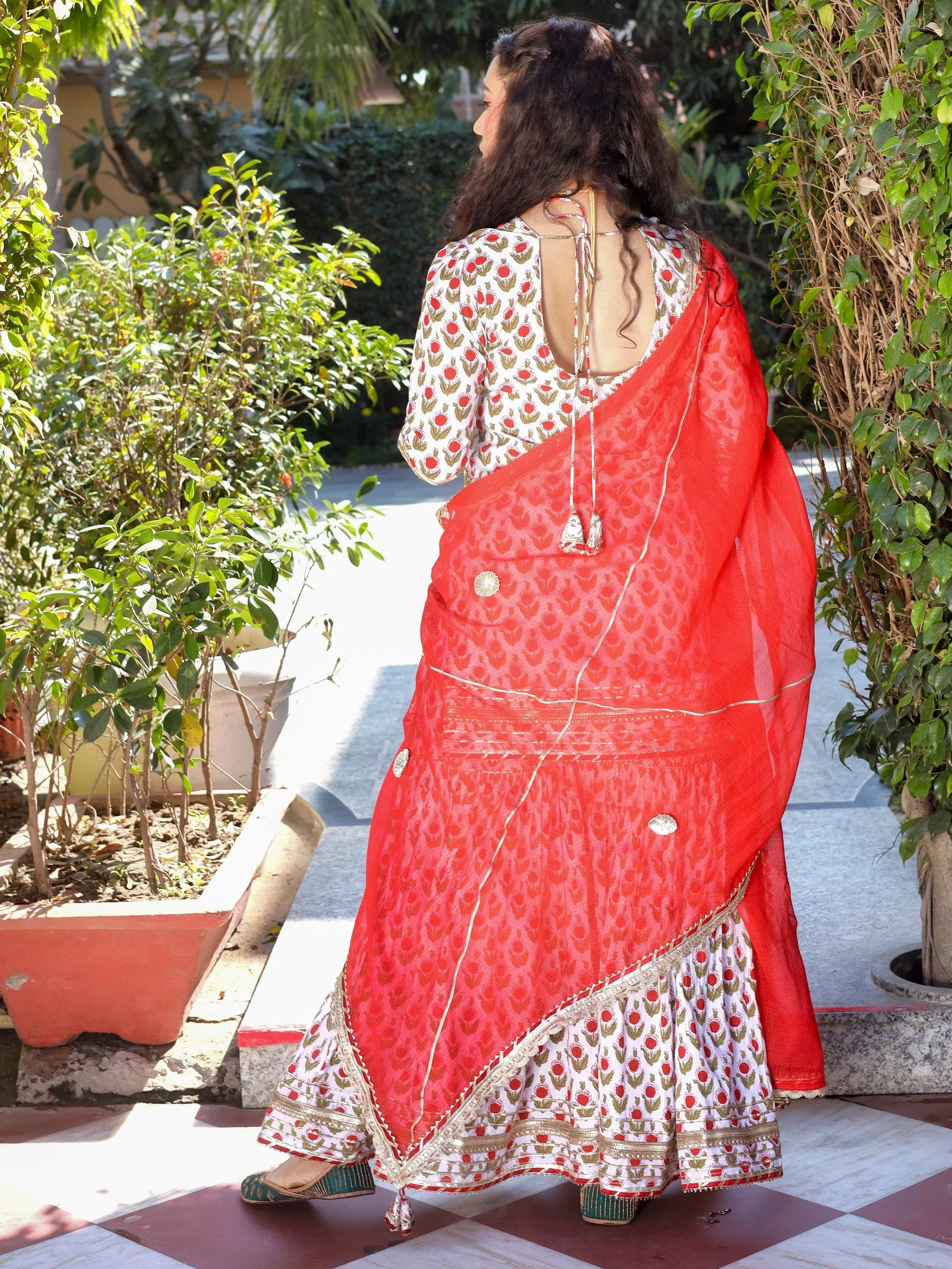 Divena Red & White Cotton Dabu Printed Kurta Sharara Set with Kota Doria Dupatta