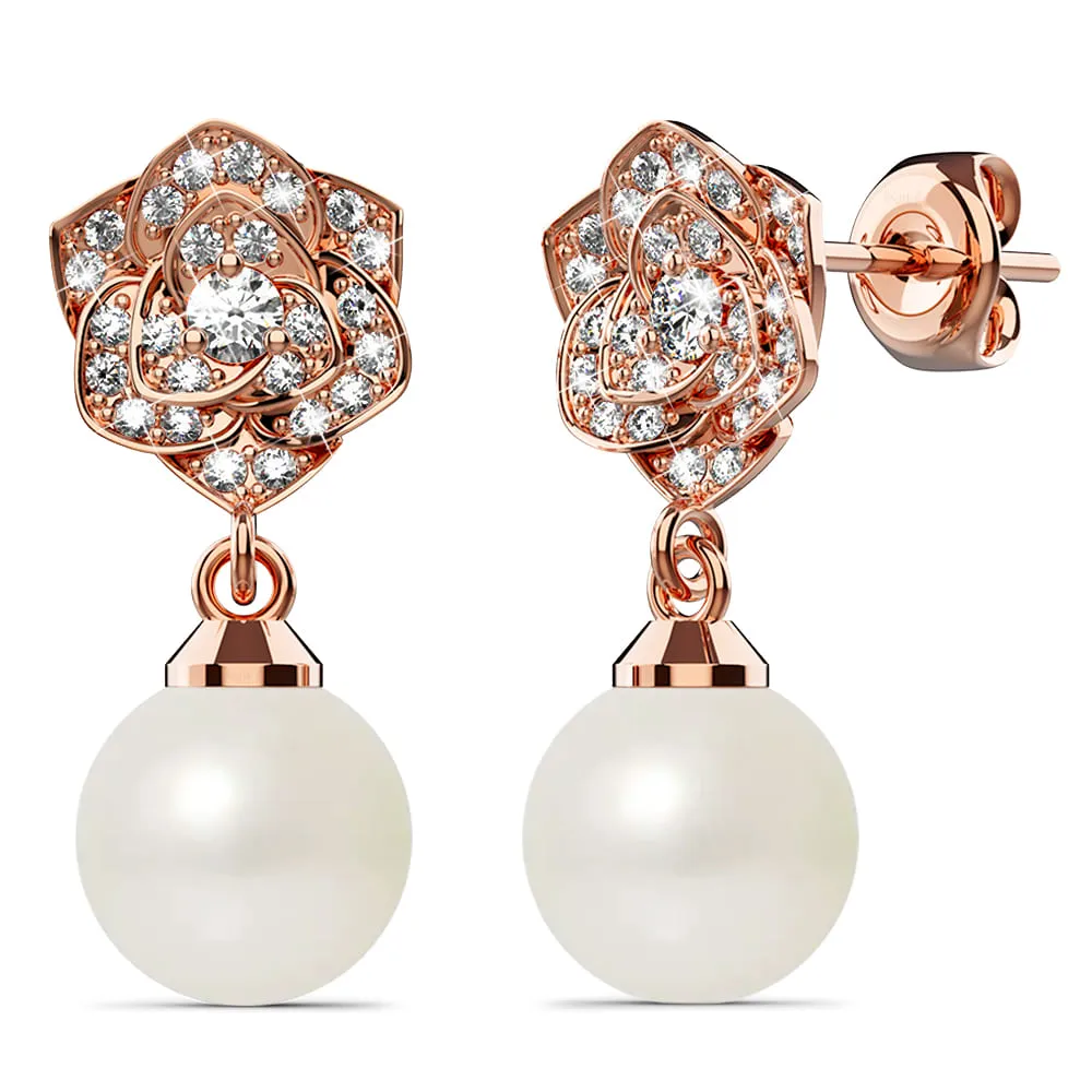 Flower Blush Earrings Embellished with SWAROVSKI Pearls in Rose Gold