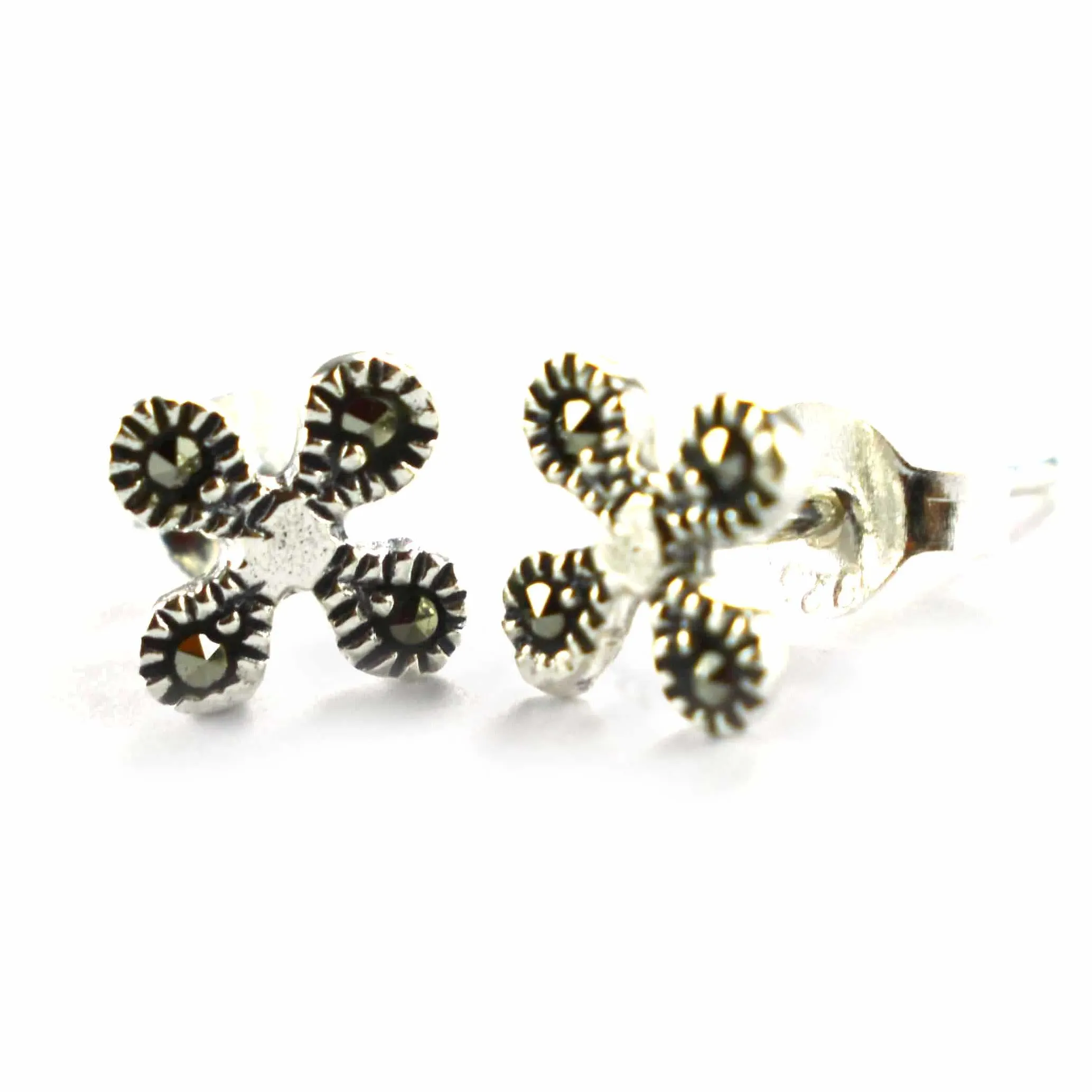flower silver earring with marcasite & oxidizing