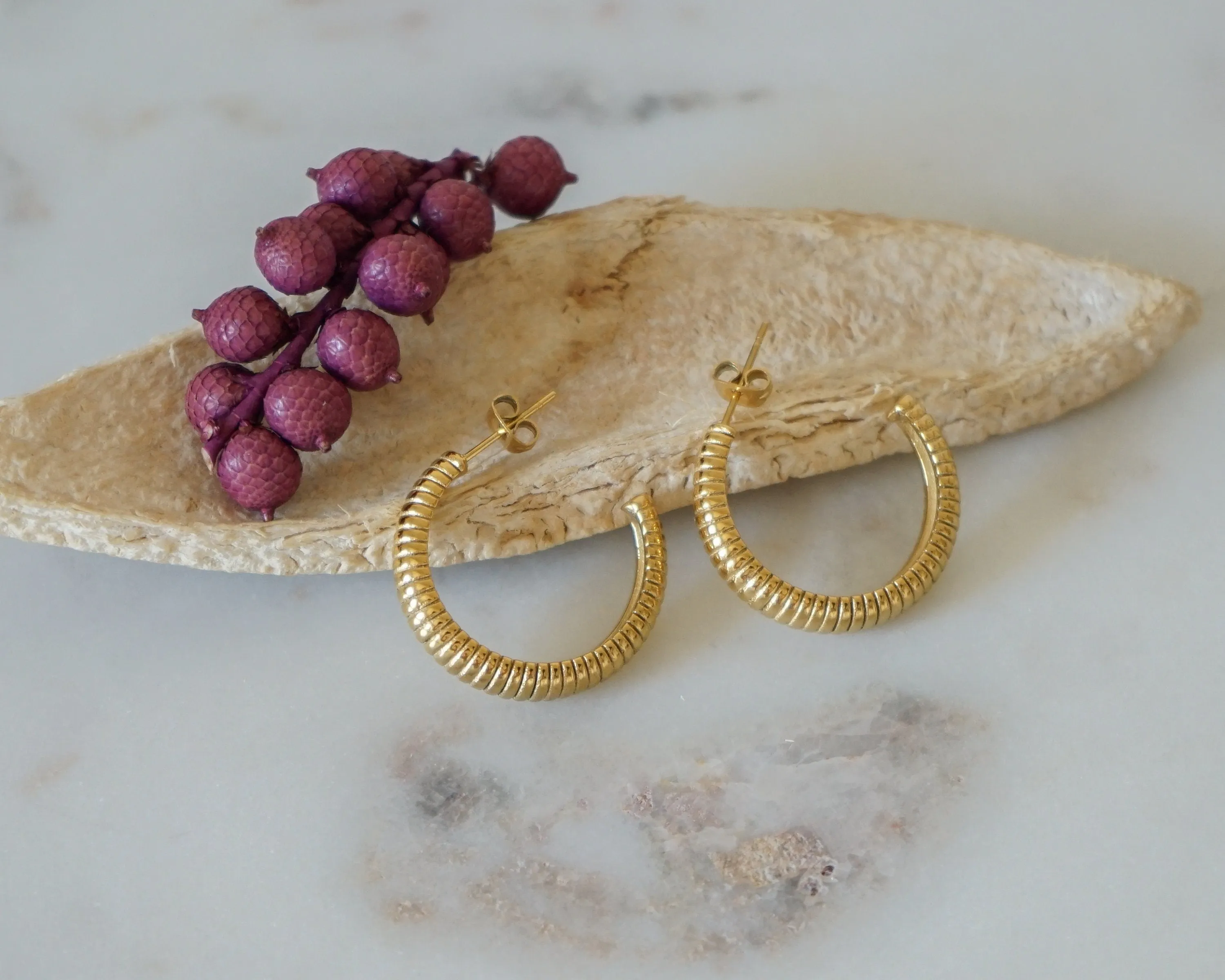 Gold Hoop Earrings with Engraved Lines