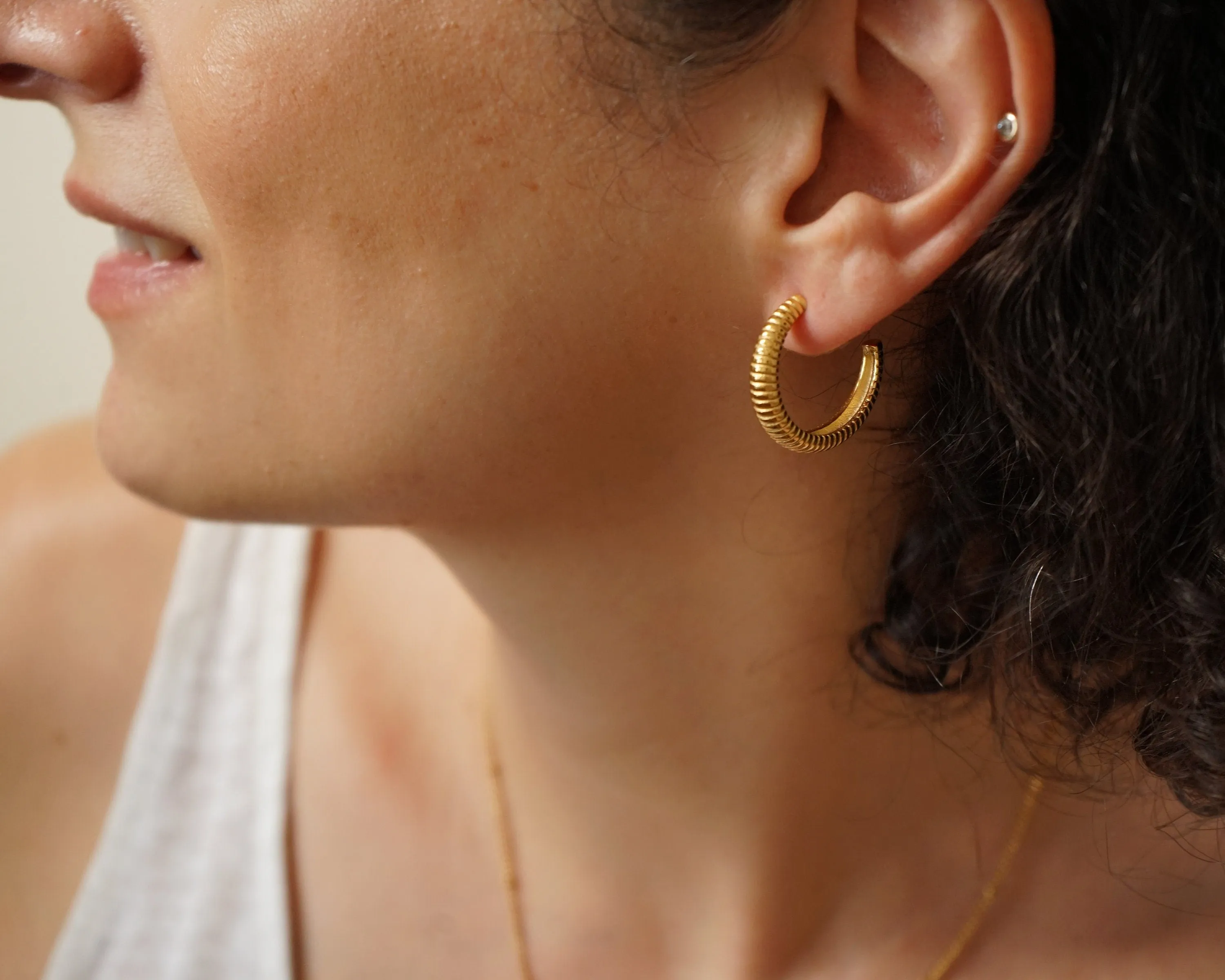 Gold Hoop Earrings with Engraved Lines