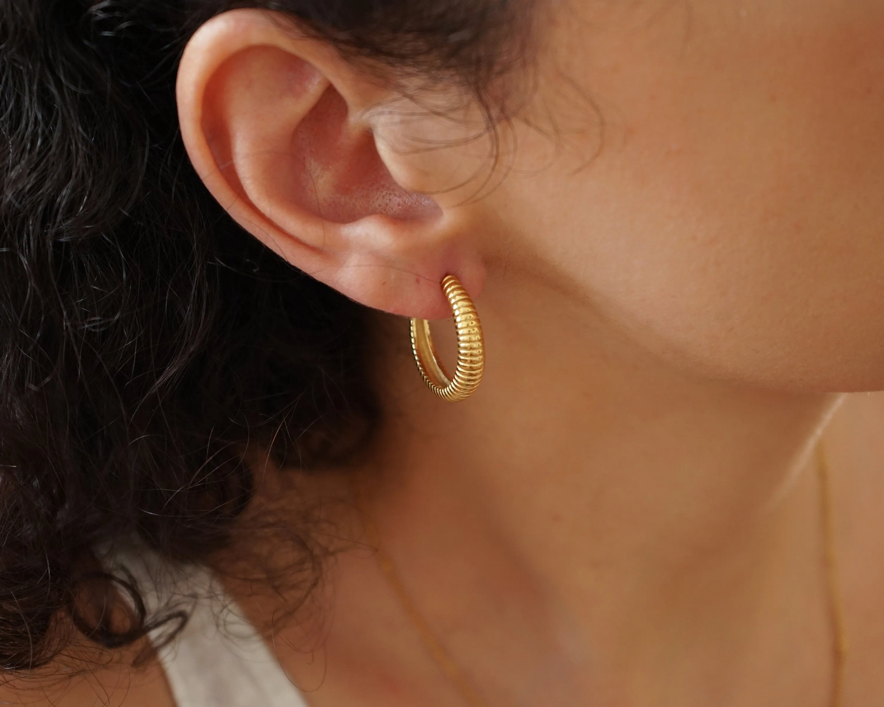 Gold Hoop Earrings with Engraved Lines