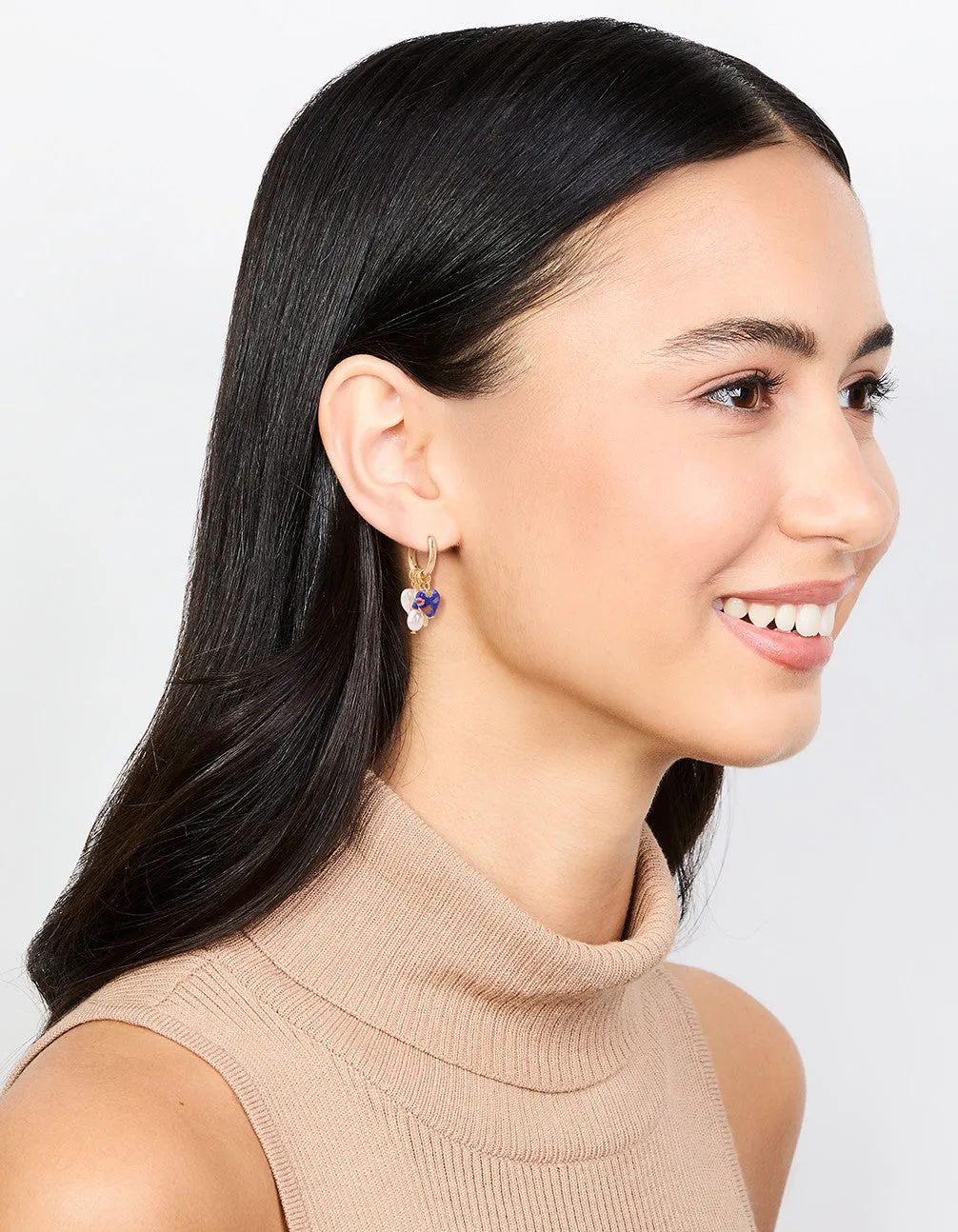 Gold Plated Pearl & Blue Heart Huggie Earrings
