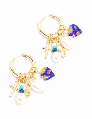 Gold Plated Pearl & Blue Heart Huggie Earrings