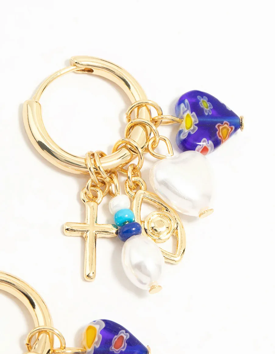 Gold Plated Pearl & Blue Heart Huggie Earrings