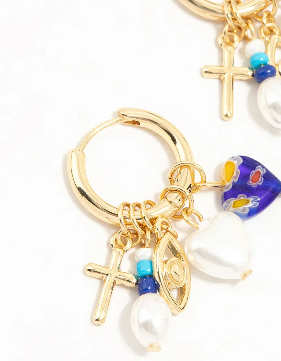 Gold Plated Pearl & Blue Heart Huggie Earrings