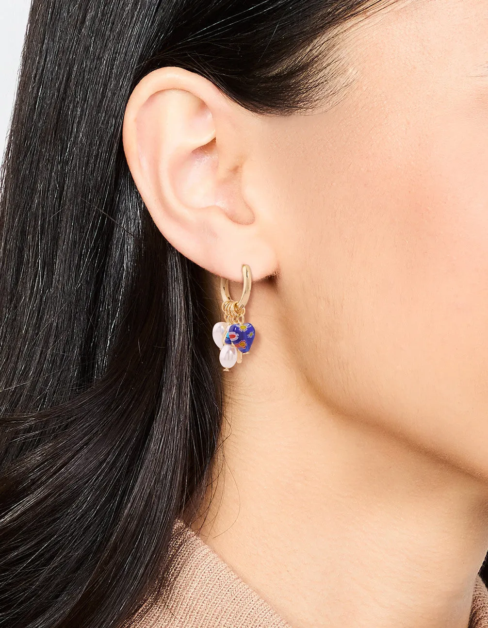 Gold Plated Pearl & Blue Heart Huggie Earrings
