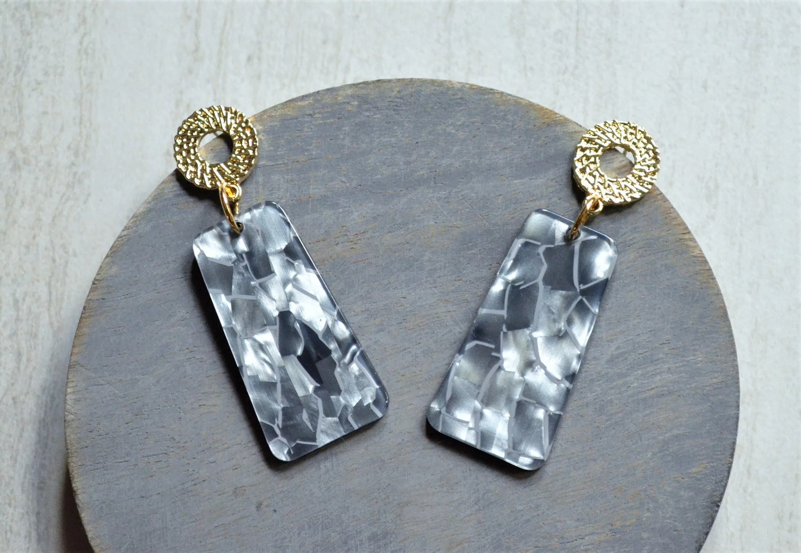 Gray Mother of Pearl Acrylic Lucite Dangle Big Womens Statement Earrings - Nevaeh