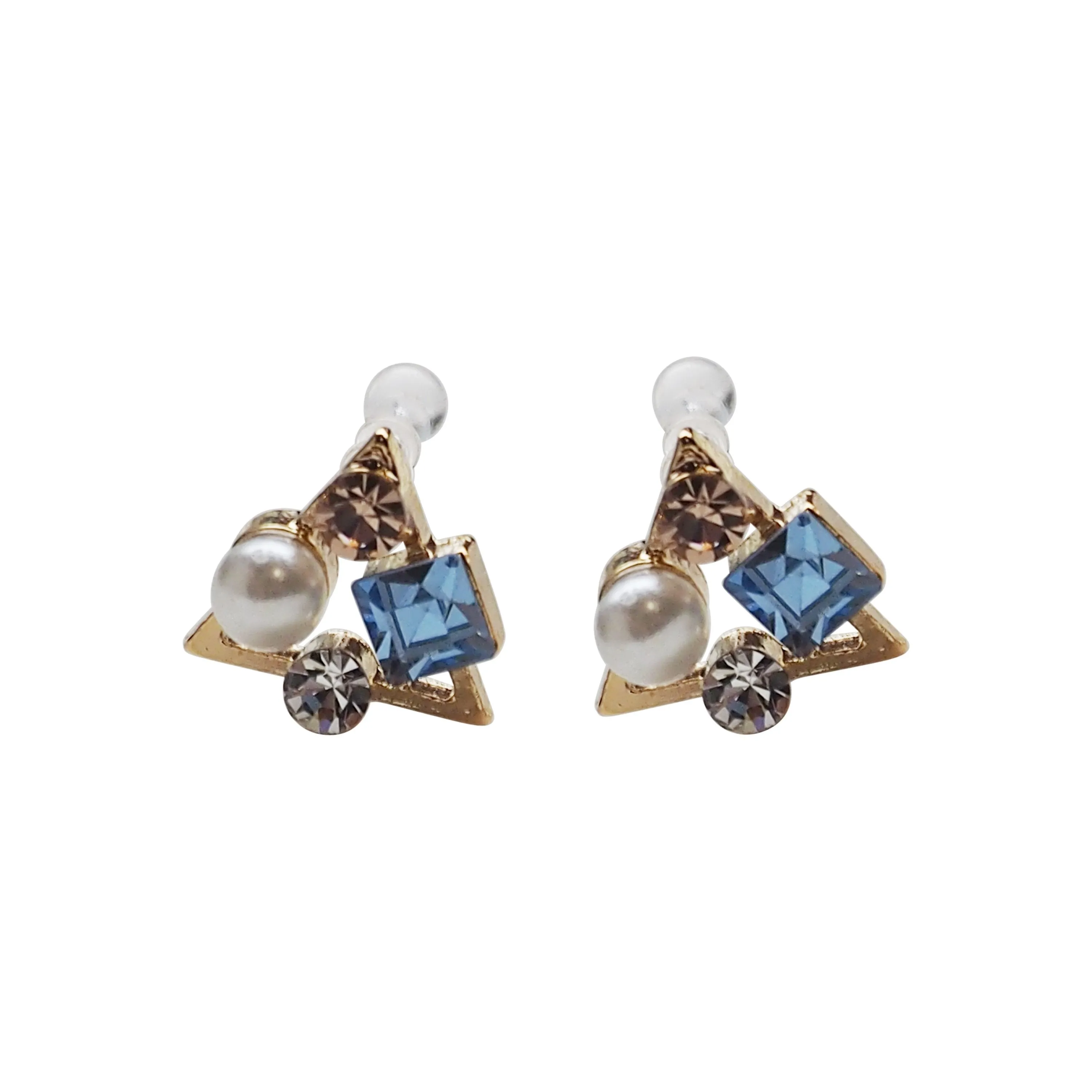Light Blue Swarovski Crystal & White Pearl Invisible Clip On Stud Earrings