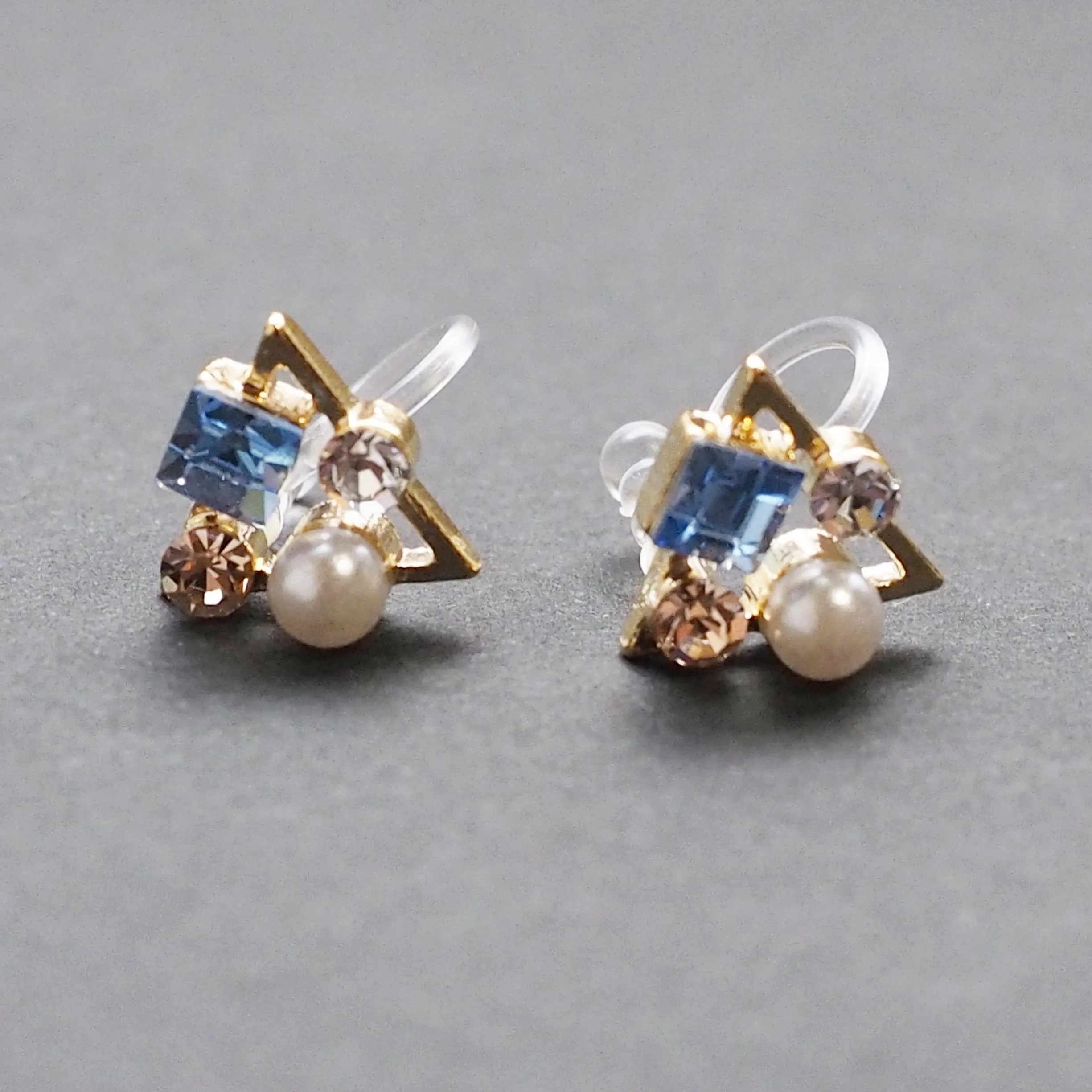 Light Blue Swarovski Crystal & White Pearl Invisible Clip On Stud Earrings