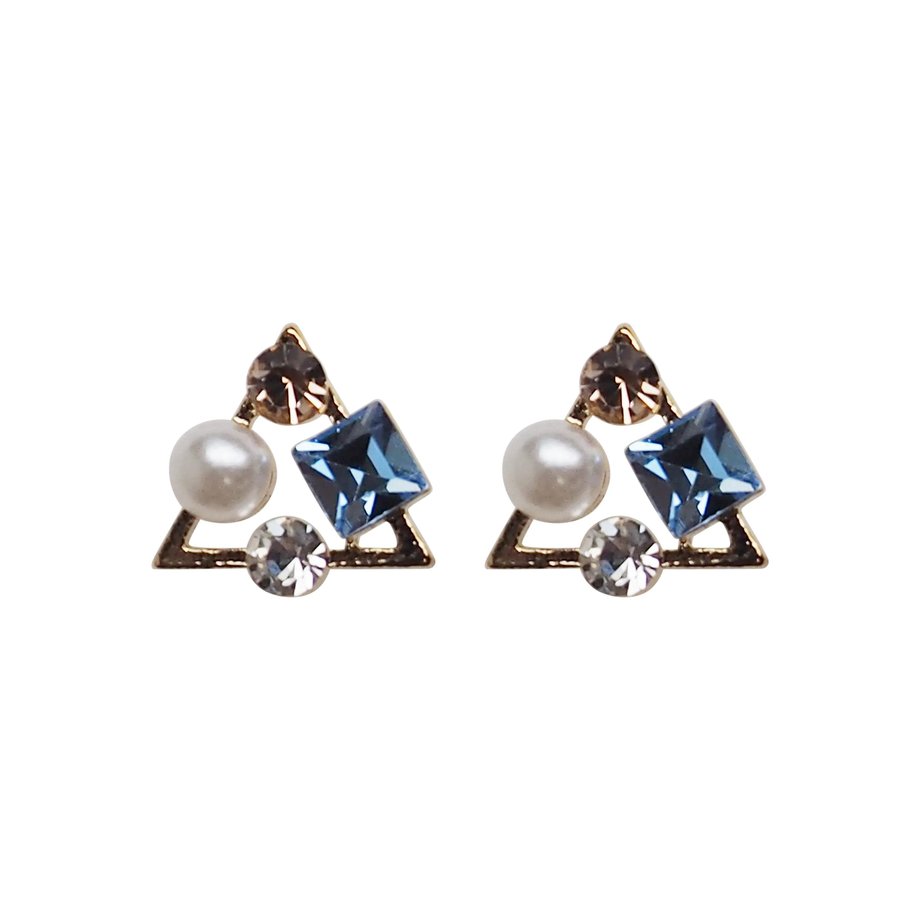 Light Blue Swarovski Crystal & White Pearl Invisible Clip On Stud Earrings