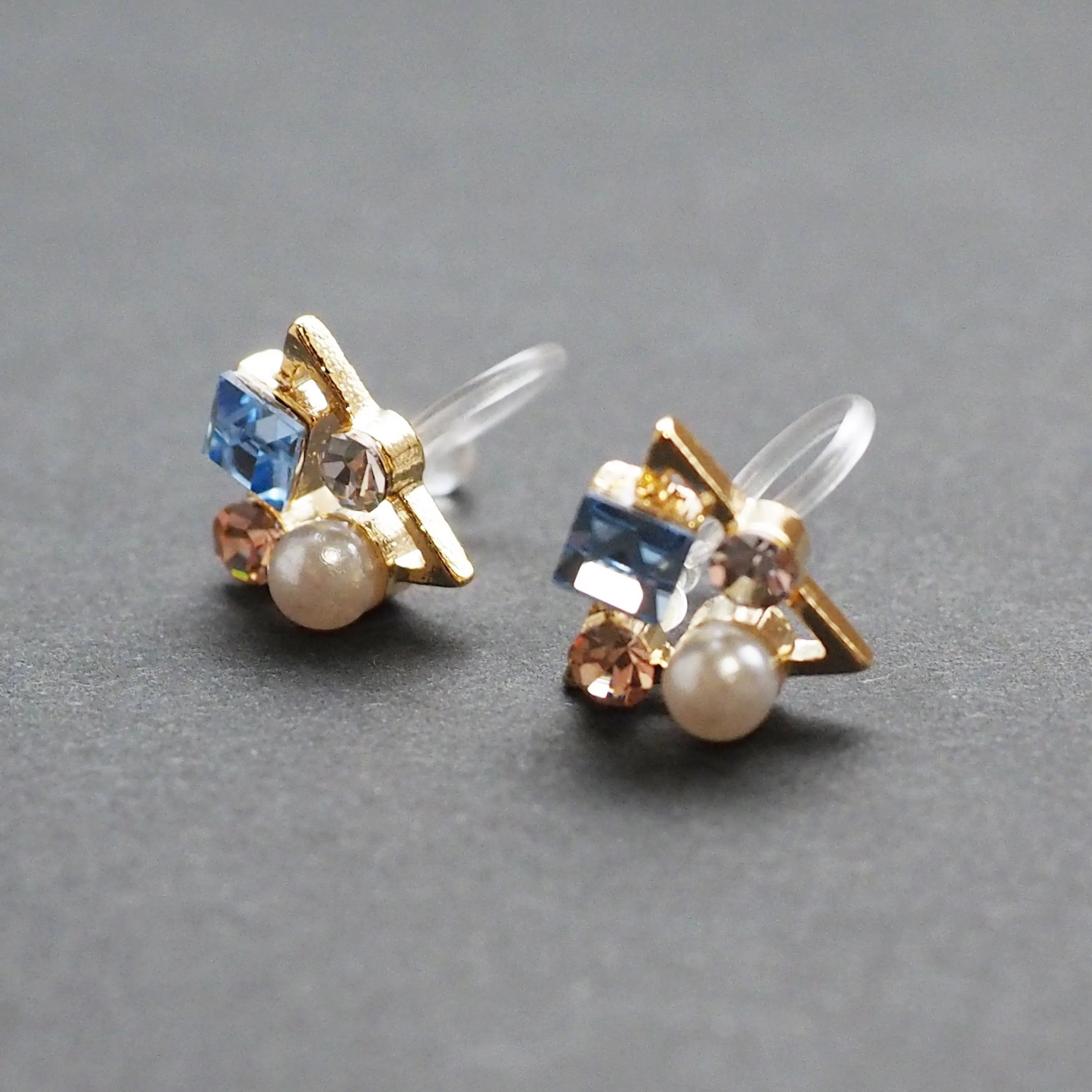 Light Blue Swarovski Crystal & White Pearl Invisible Clip On Stud Earrings