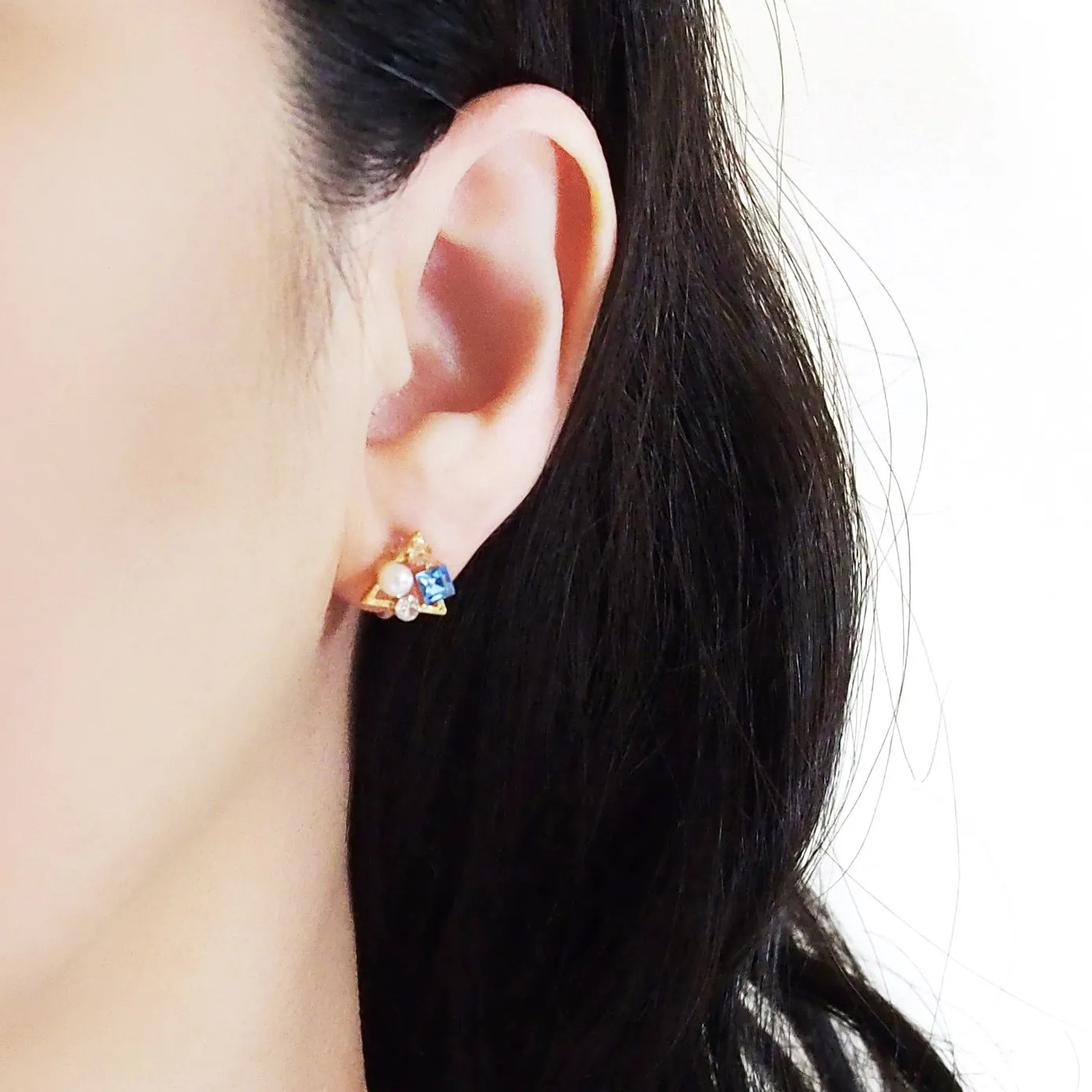Light Blue Swarovski Crystal & White Pearl Invisible Clip On Stud Earrings