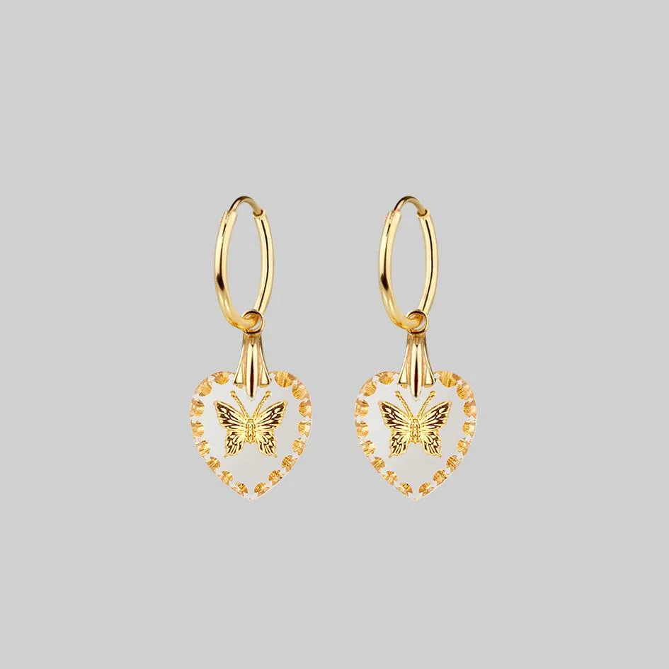 NEW DAWN. Butterfly Glass Heart Hoop Earrings - Gold