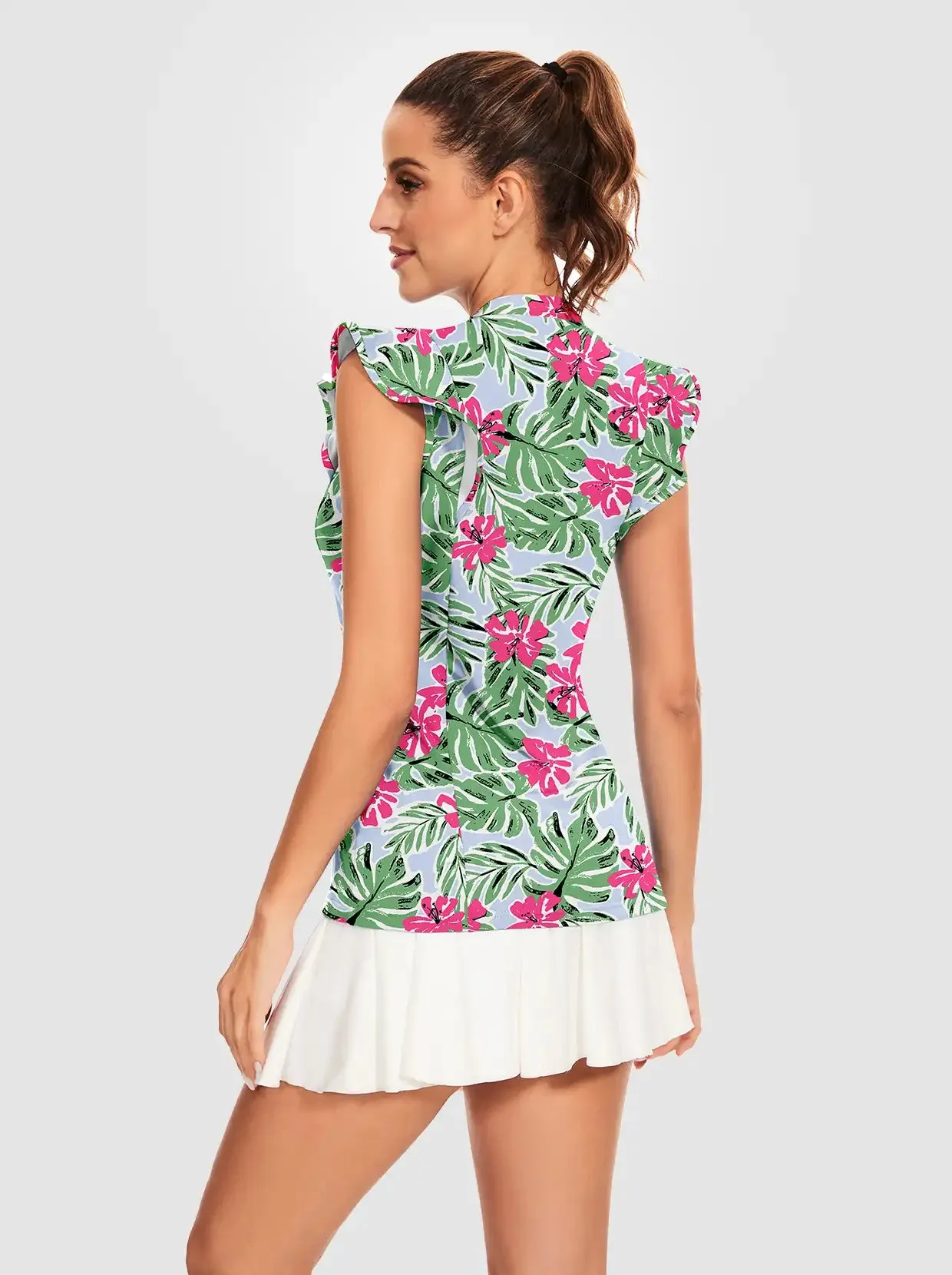 Pink Floral and Green Leaf V-neck Ruffled Short-Sleeve Shirt for Women