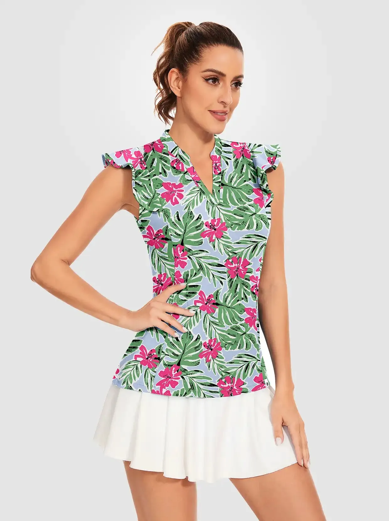 Pink Floral and Green Leaf V-neck Ruffled Short-Sleeve Shirt for Women