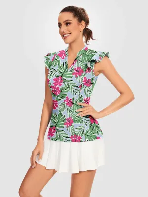 Pink Floral and Green Leaf V-neck Ruffled Short-Sleeve Shirt for Women