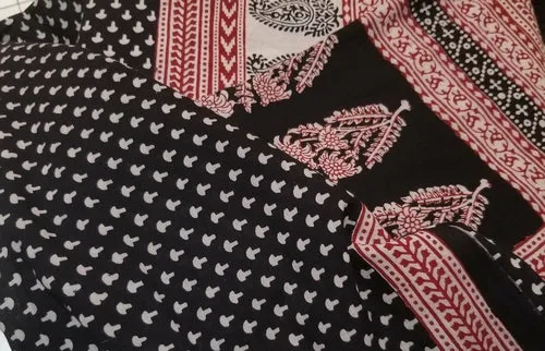 Red and Black Paisely Design Hand Block Printed Naturally Dyed