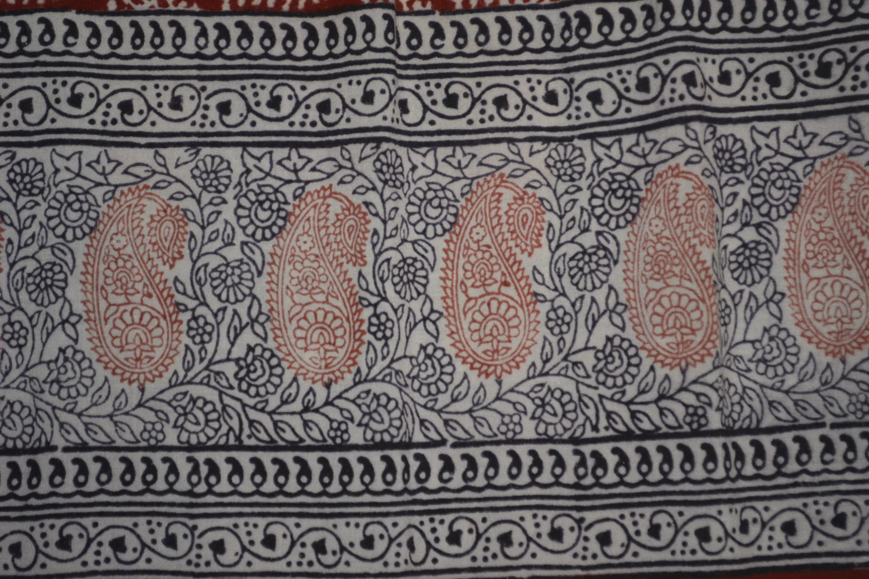 Red and Black Paisely Design Hand Block Printed Naturally Dyed