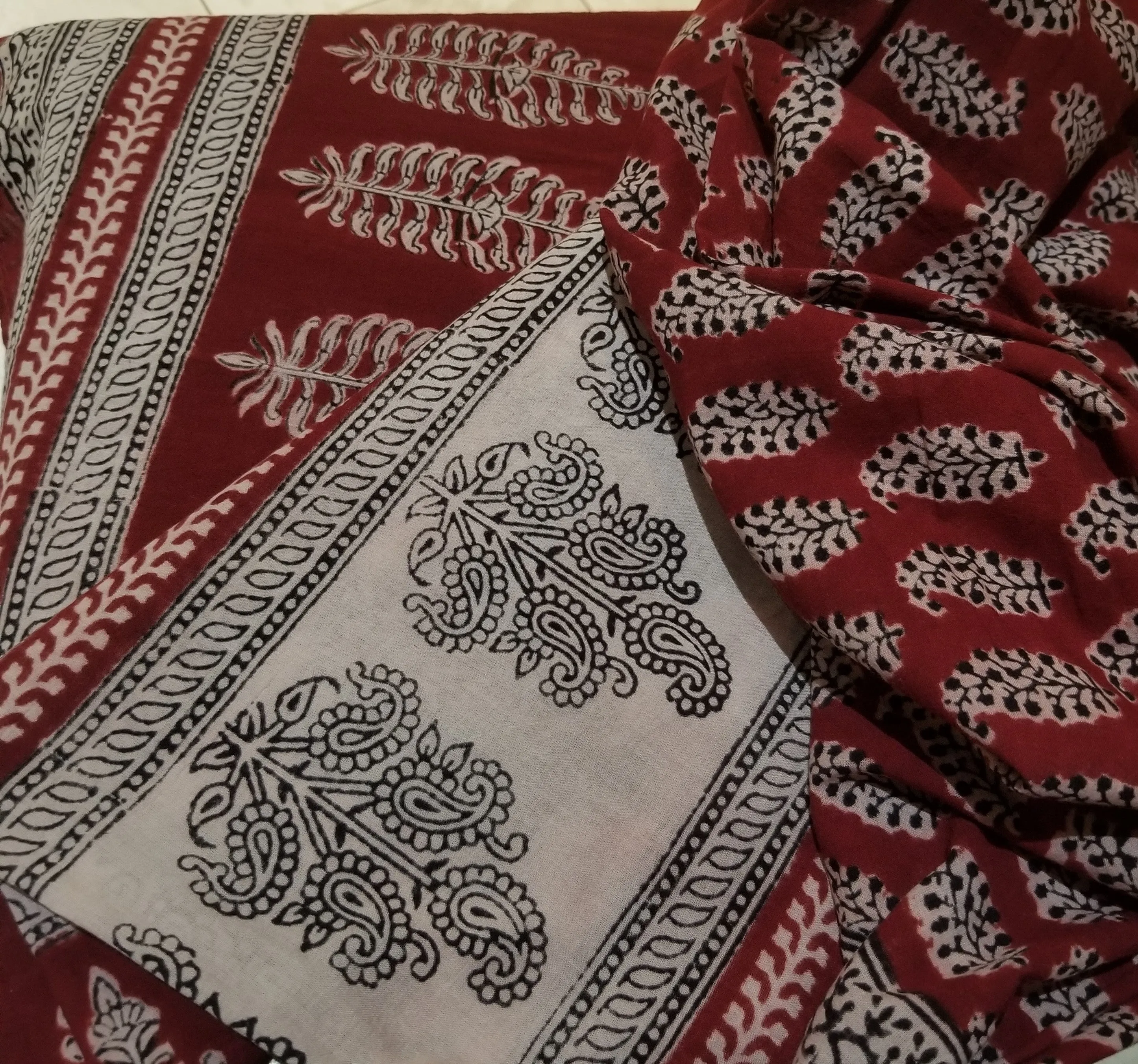 Red and Black Paisely Design Hand Block Printed Naturally Dyed