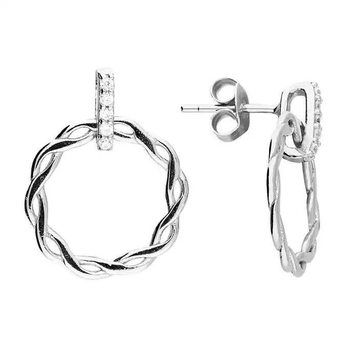 Sterling Silver CZ Bar Twist Circle Earrings