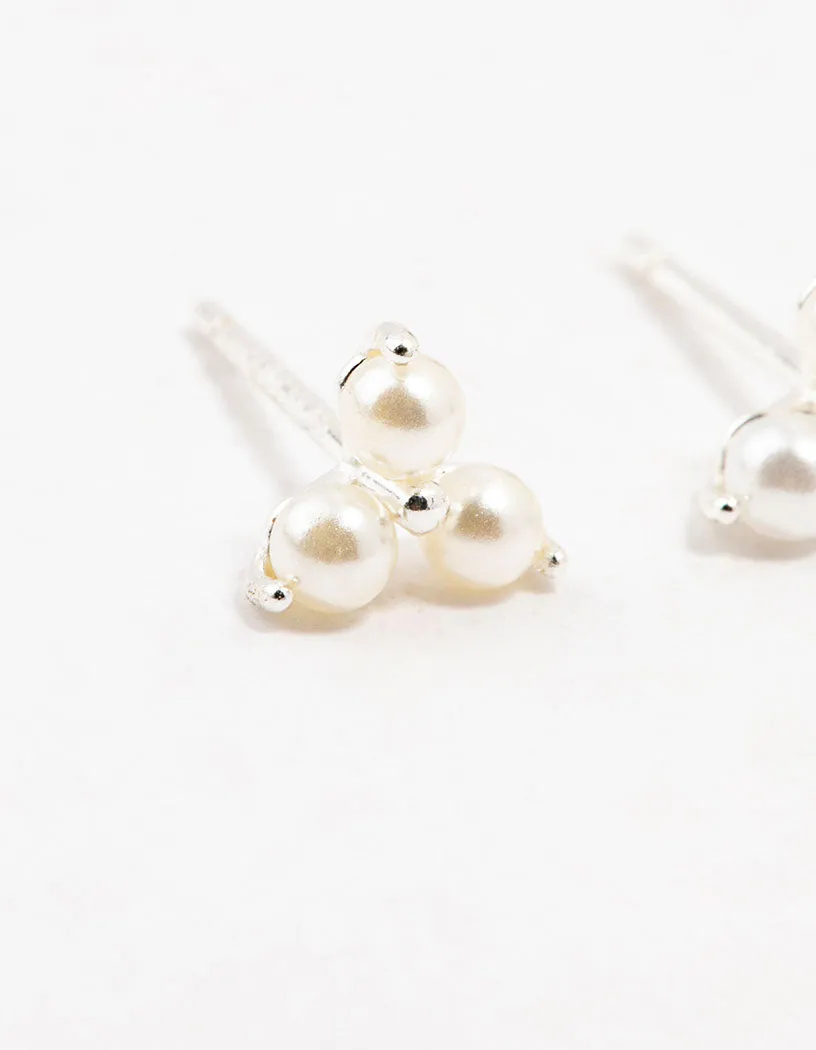 Sterling Silver Pearl Trio Stud Earrings