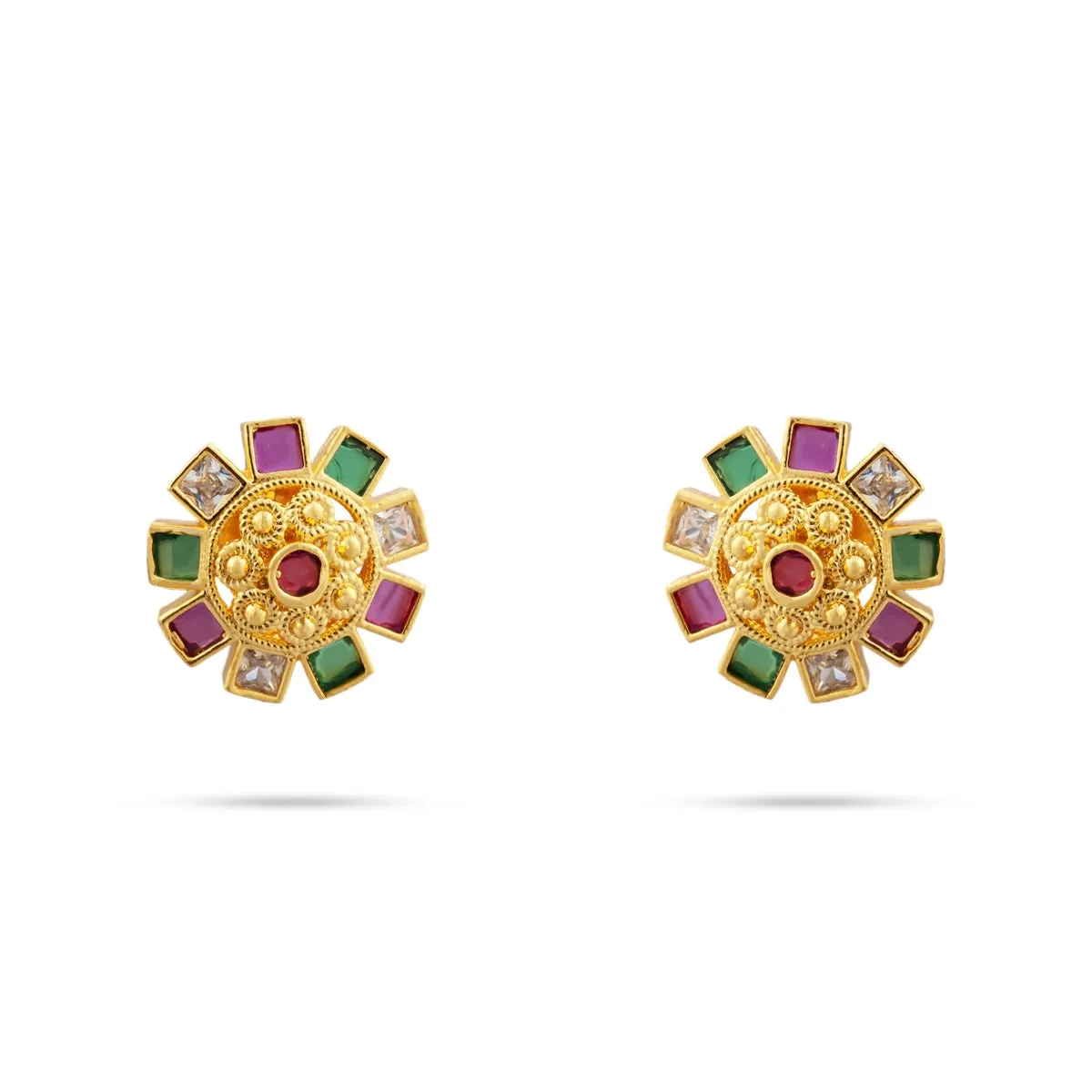 Stone Earrings Pair - 0.75 x 0.75 Inches | Multicolour Stone Studs/ Gold Polish Ear Ring/ Stone Jewellery for Women