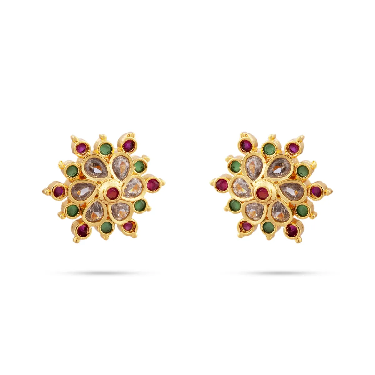 Stone Earrings Pair - 0.75 x 0.75 Inches | Multicolour Stone Studs/ Gold Polish Ear Ring/ Stone Jewellery for Women
