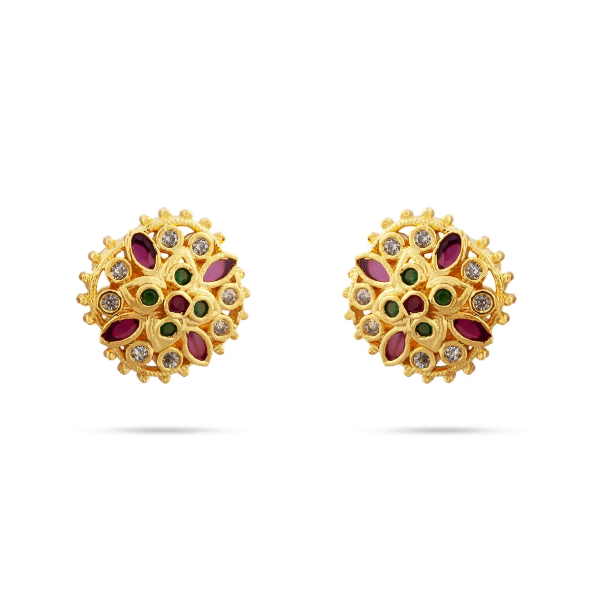 Stone Earrings Pair - 0.75 x 0.75 Inches | Multicolour Stone Studs/ Gold Polish Ear Ring/ Stone Jewellery for Women