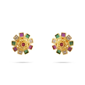 Stone Earrings Pair - 0.75 x 0.75 Inches | Multicolour Stone Studs/ Gold Polish Ear Ring/ Stone Jewellery for Women