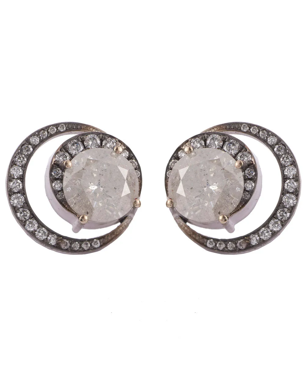 White Gold Salt and Pepper Diamond Moon Stud Earrings
