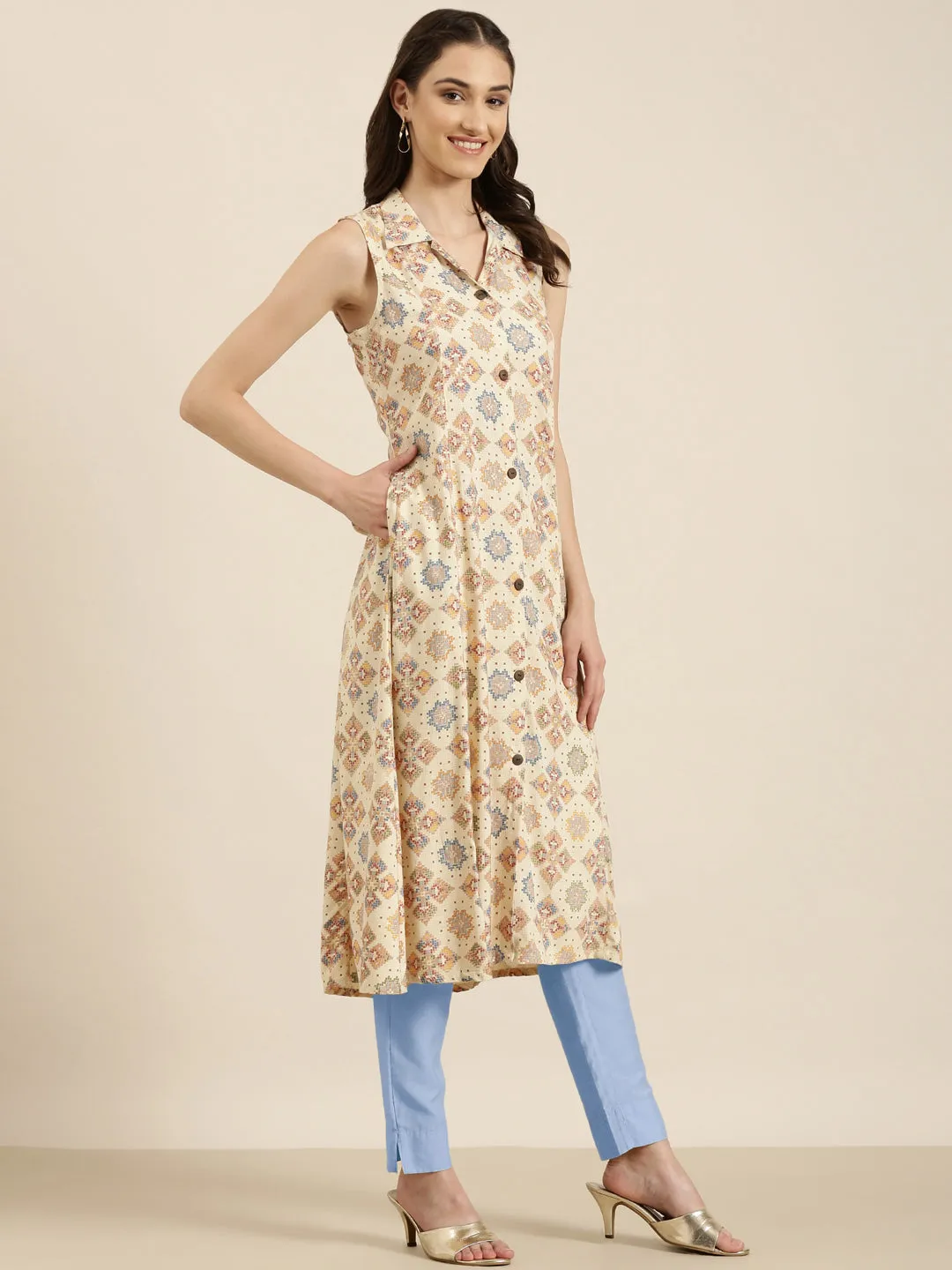 Women Cream Geometrical A-Line Kurta